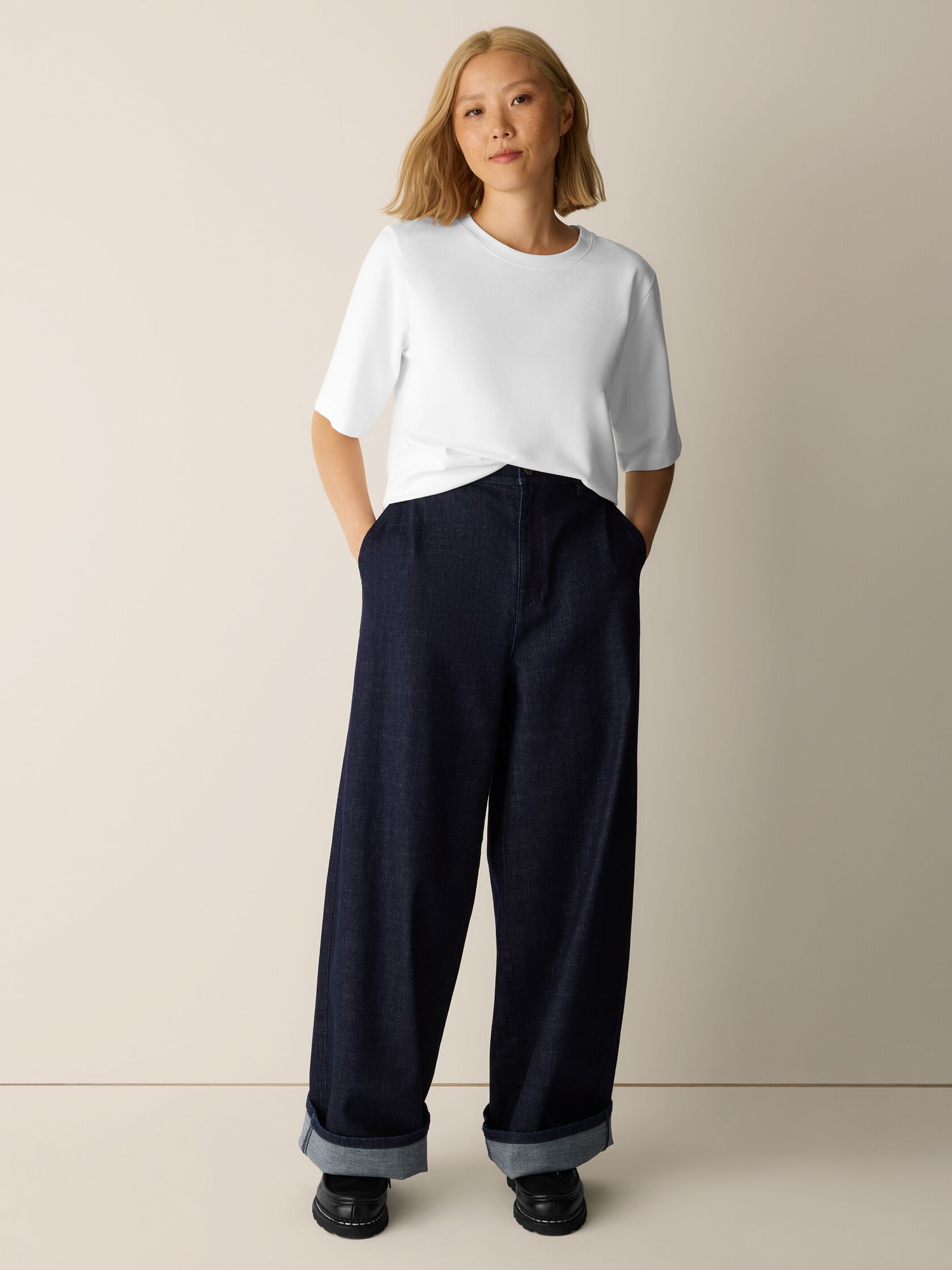 Cotton Stretch Denim Roomy Wide Trouser