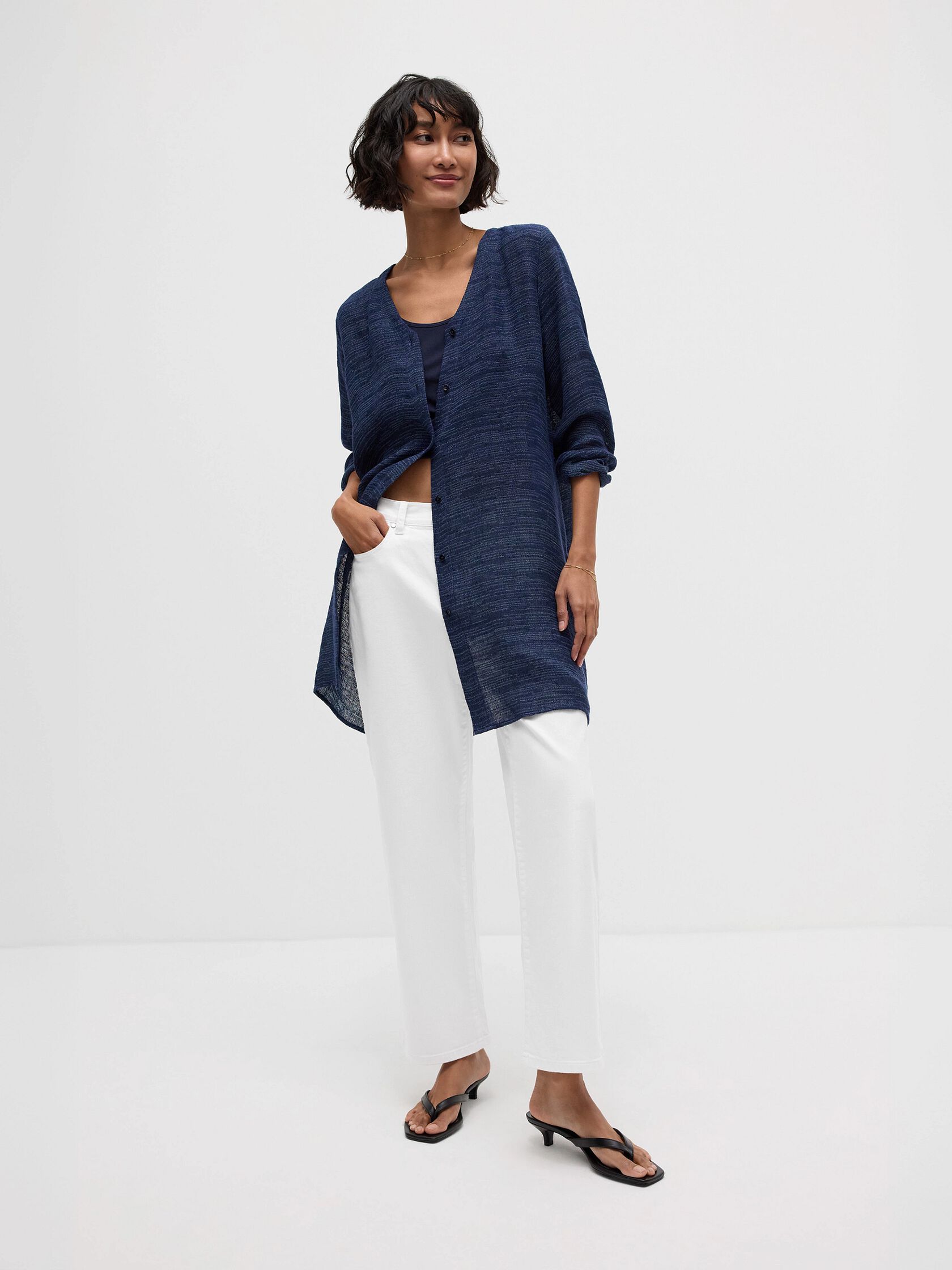 Linen Gauze Strata V-Neck Long Top