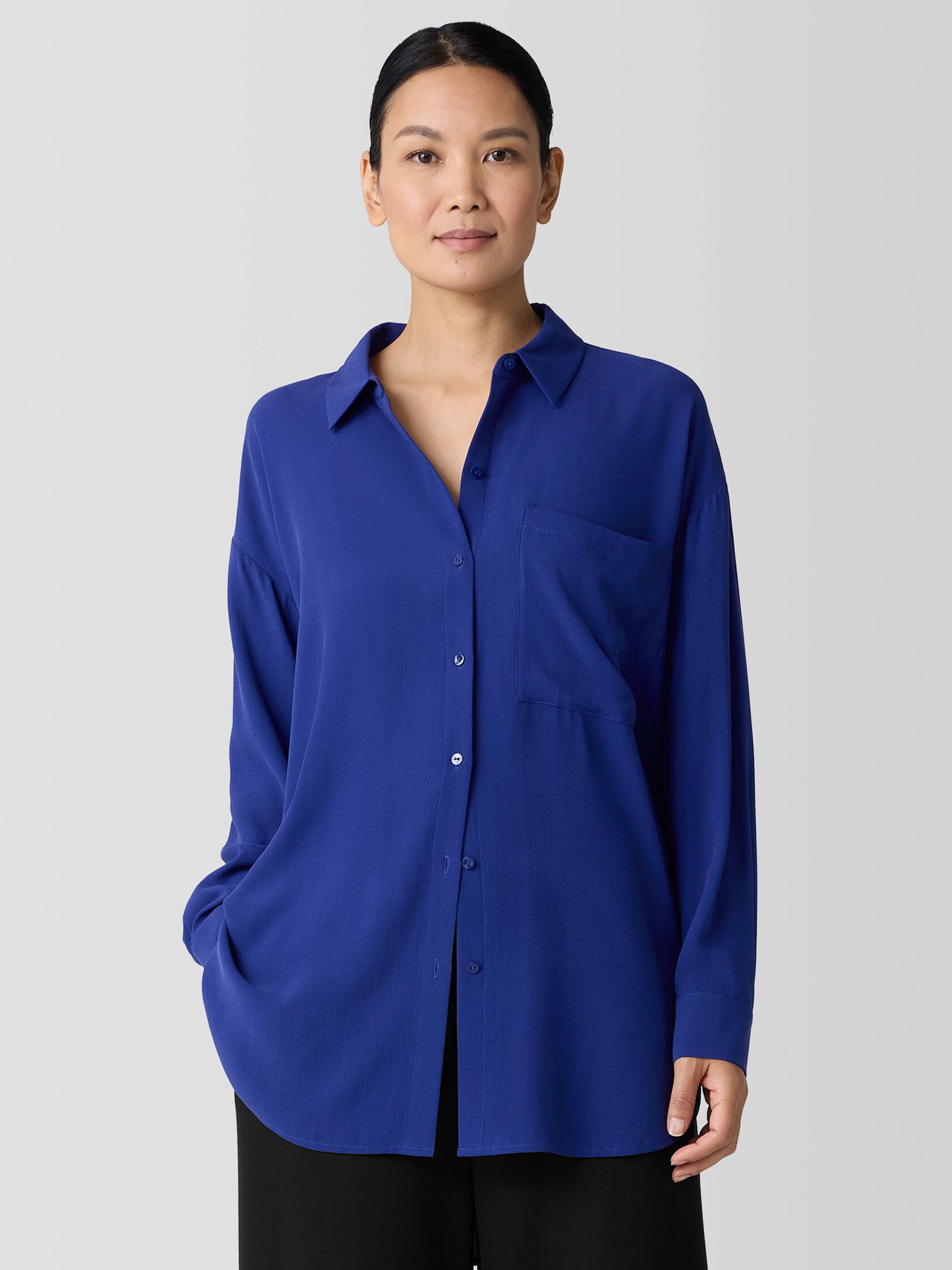 Silk Georgette Crepe Classic Collar Long Shirt