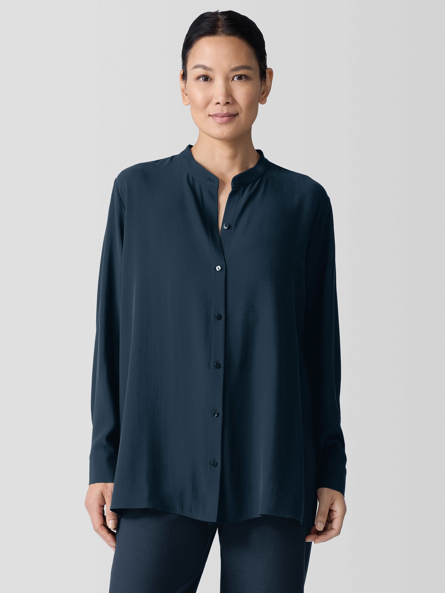 Silk Georgette Crepe Band Collar Shirt | EILEEN FISHER