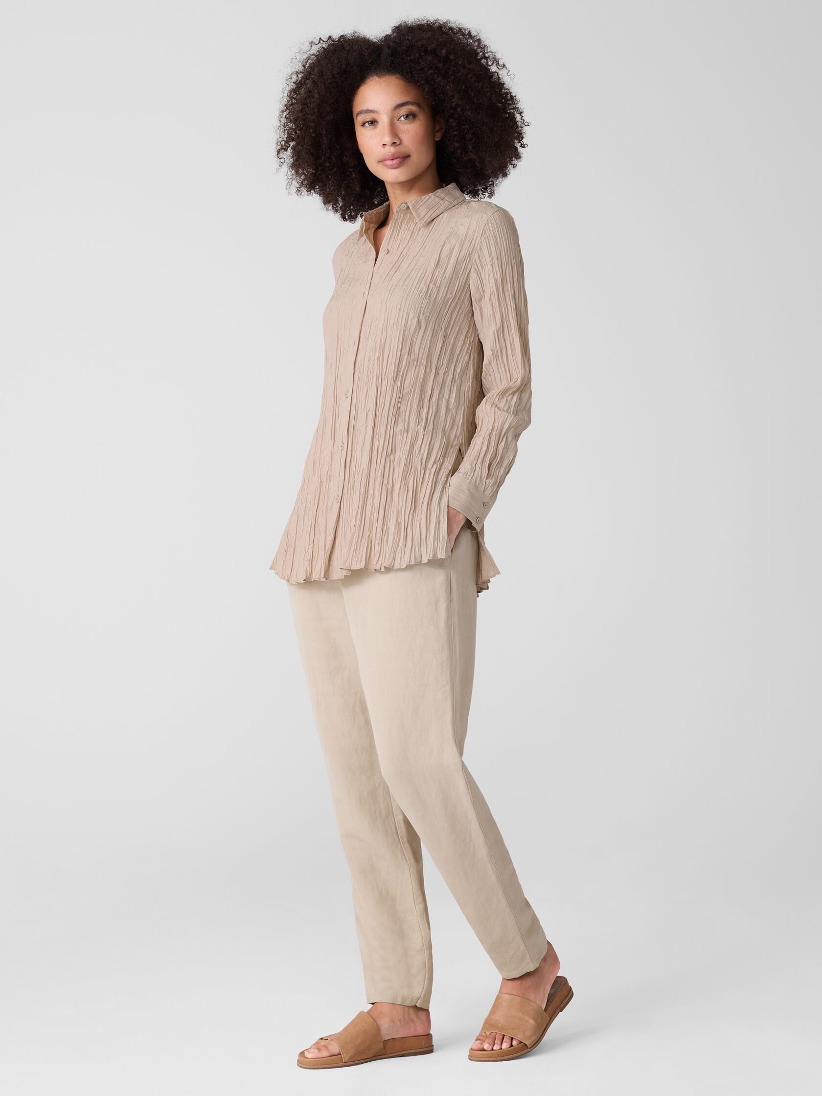 Crinkle Silk Habutai Classic Collar Shirt