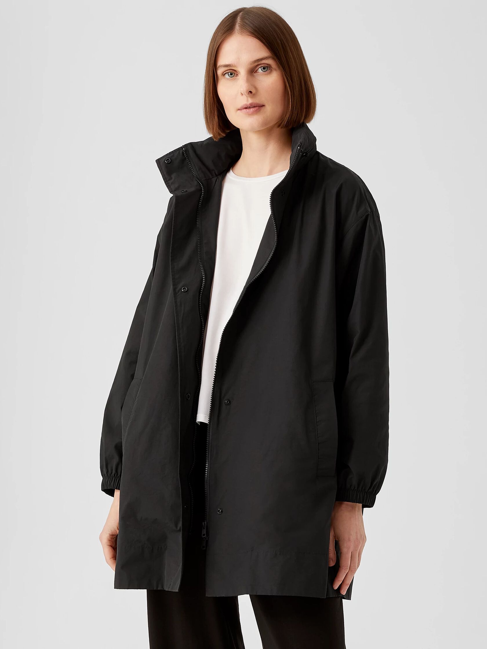 Light Cotton Nylon Stand Collar Long Coat | EILEEN FISHER