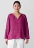 Puckered Organic Linen Plaid Keyhole Top