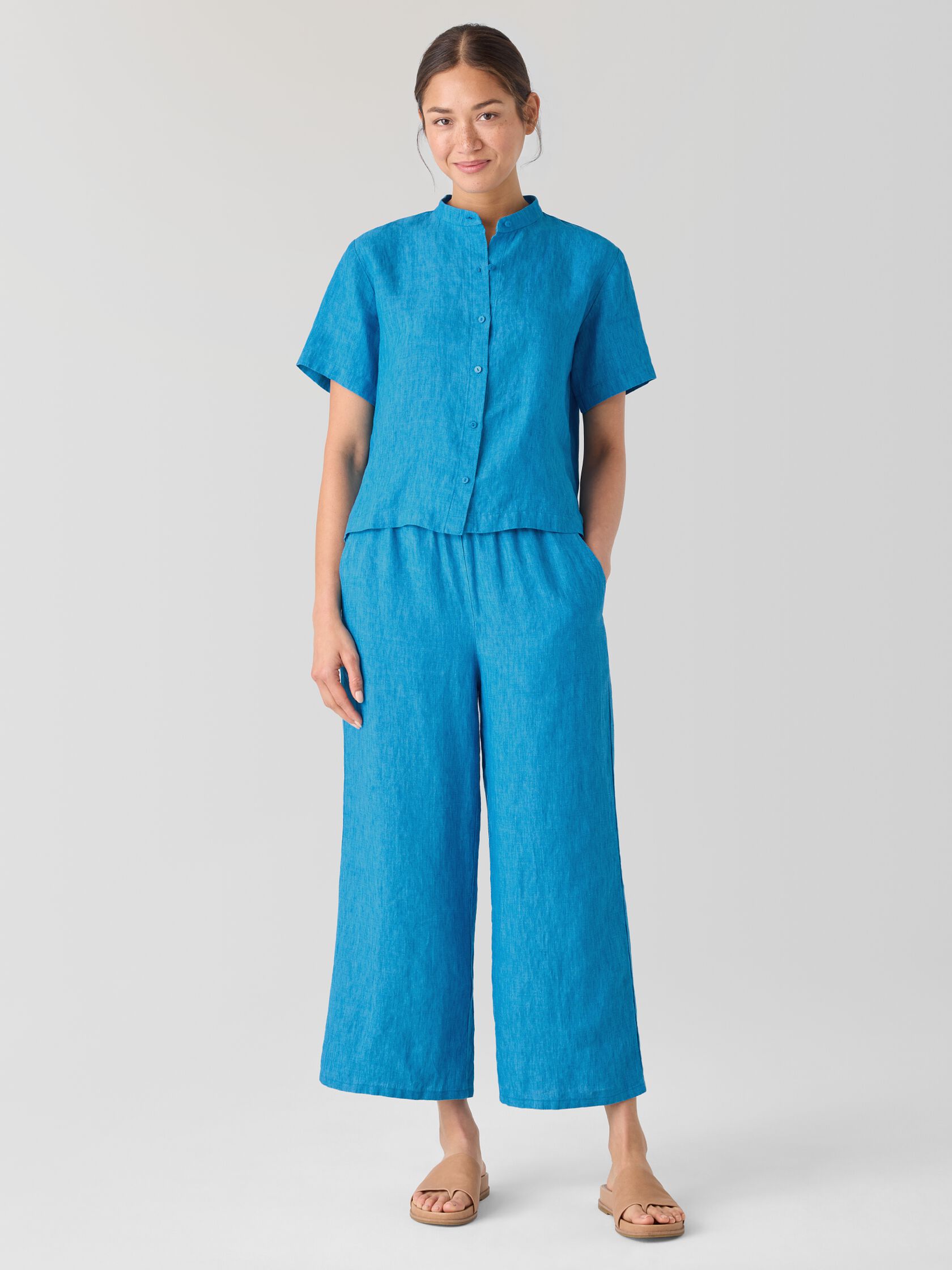 Washed Organic Linen Délavé Band Collar Shirt