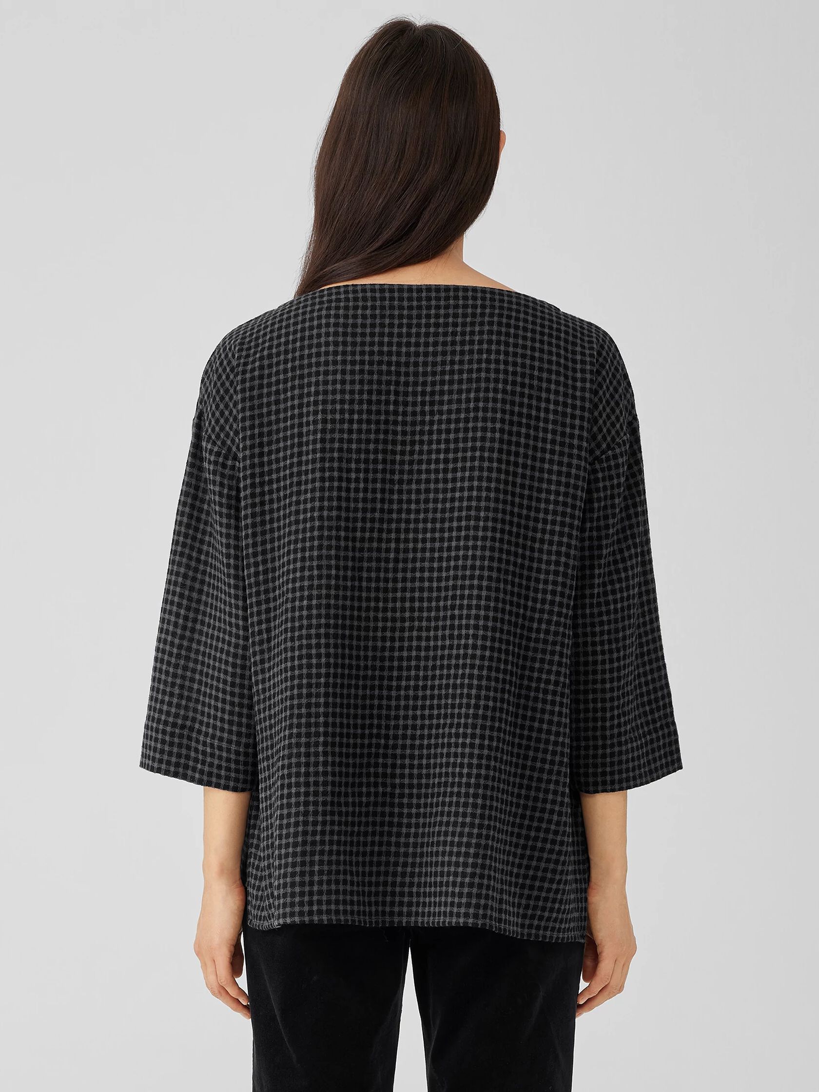 Wool Cotton Check Bateau Neck Top