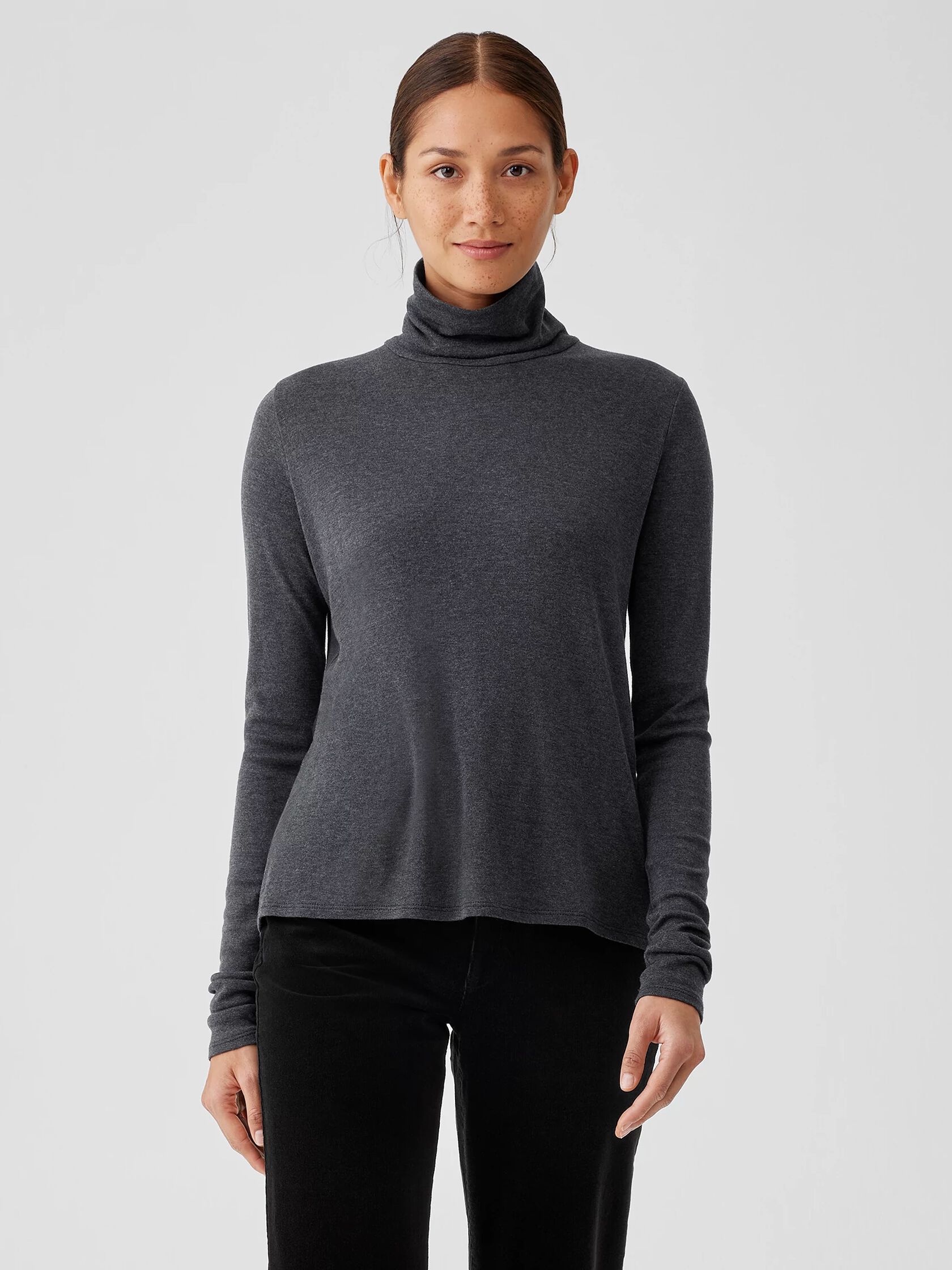 Ribbed Pima Cotton Blend Turtleneck Top