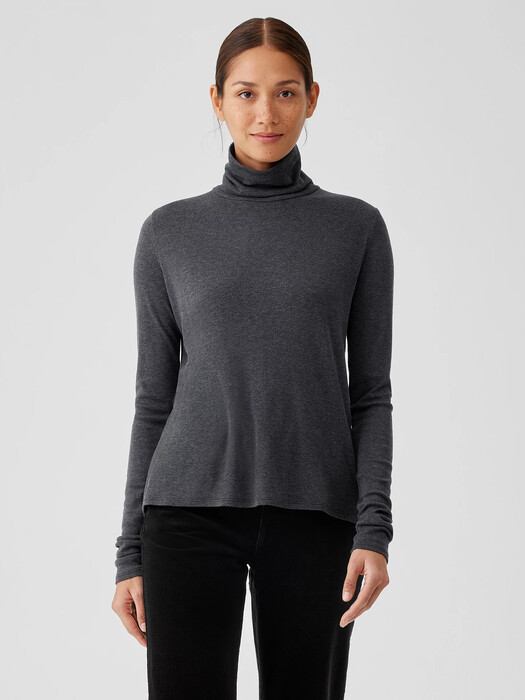 Ribbed Pima Cotton Blend Turtleneck Top