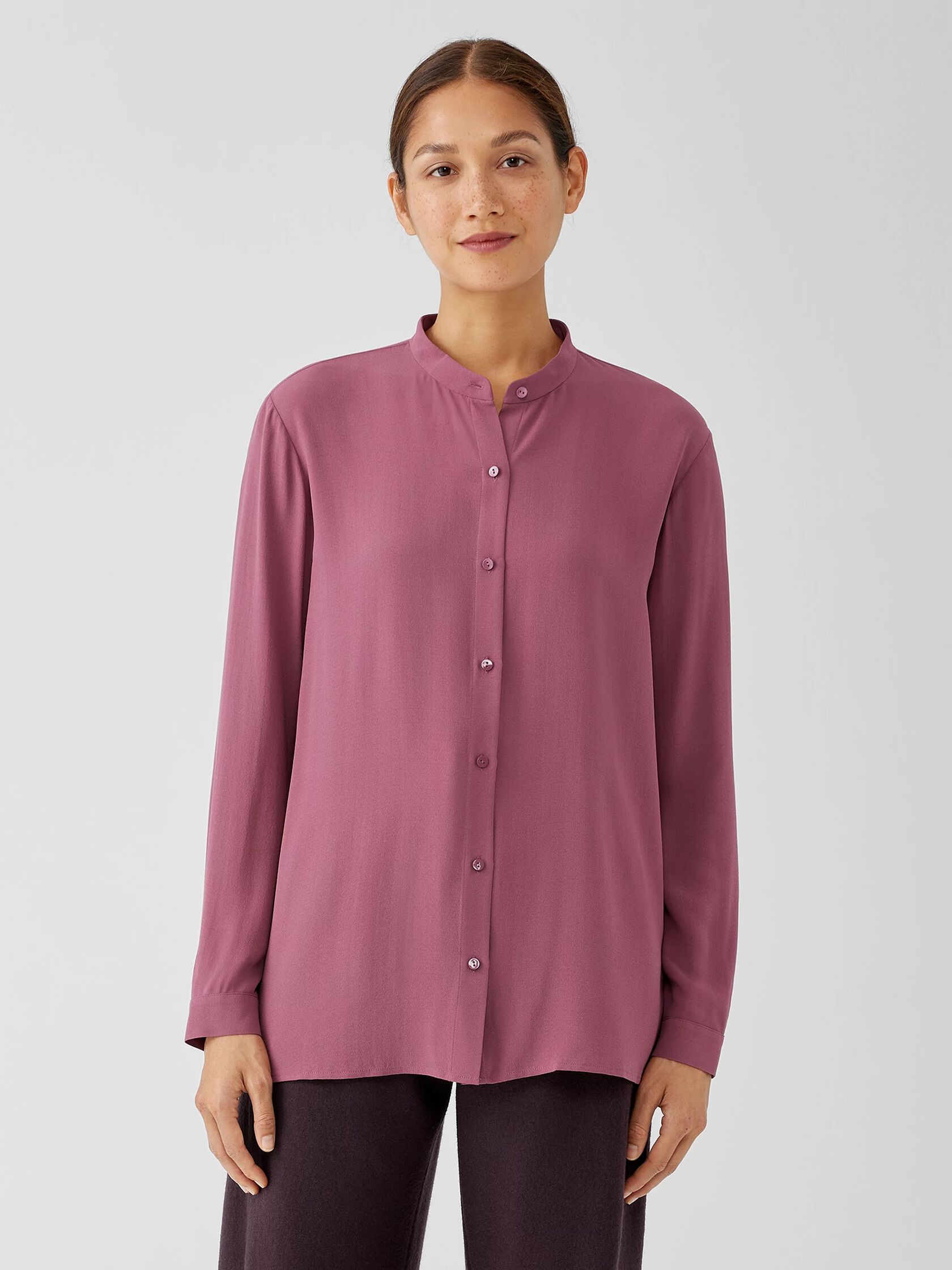 Silk Georgette Crepe Mandarin Collar Shirt