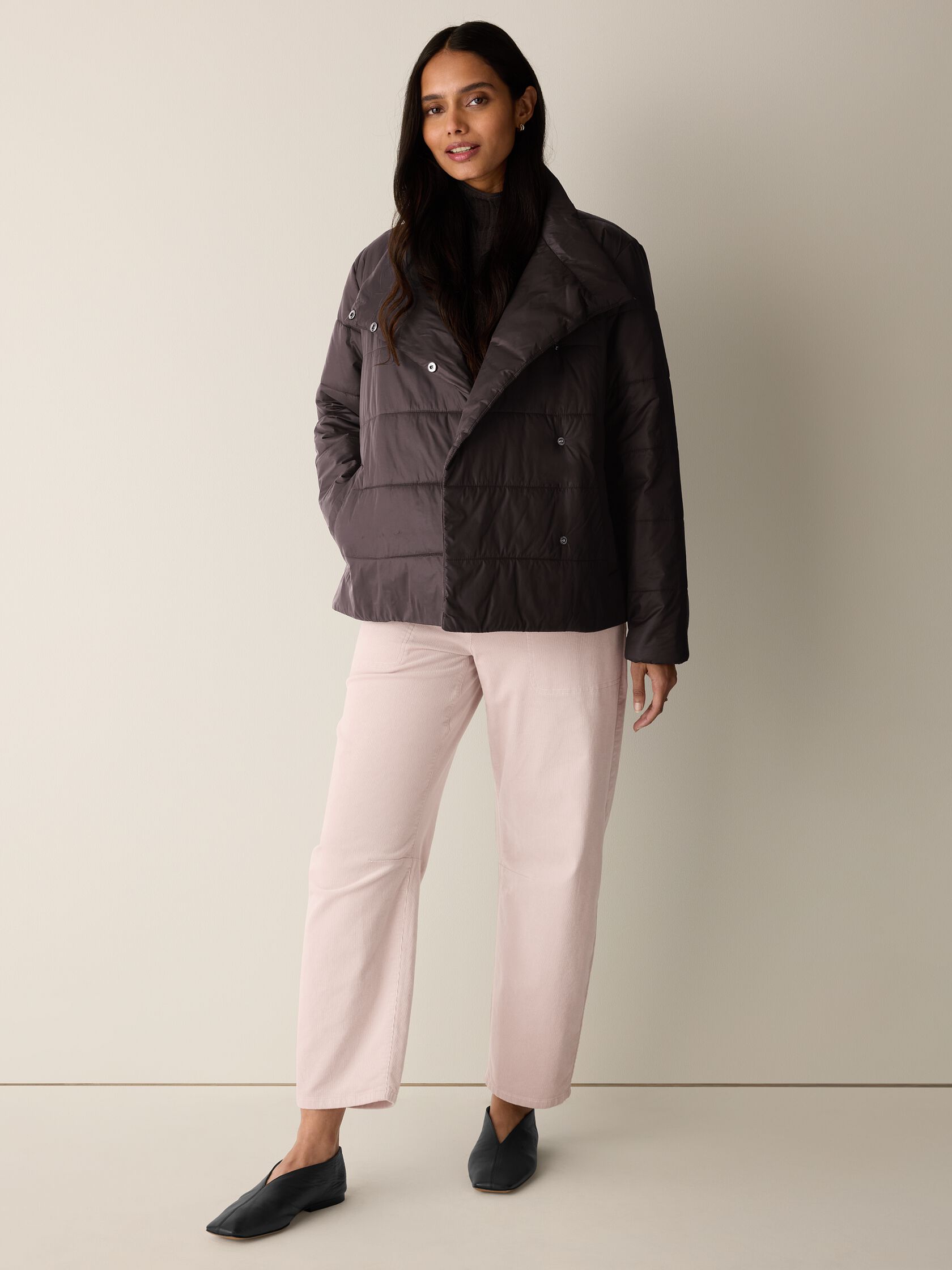 Eggshell Recycled Nylon Stand Collar Quilted Coat