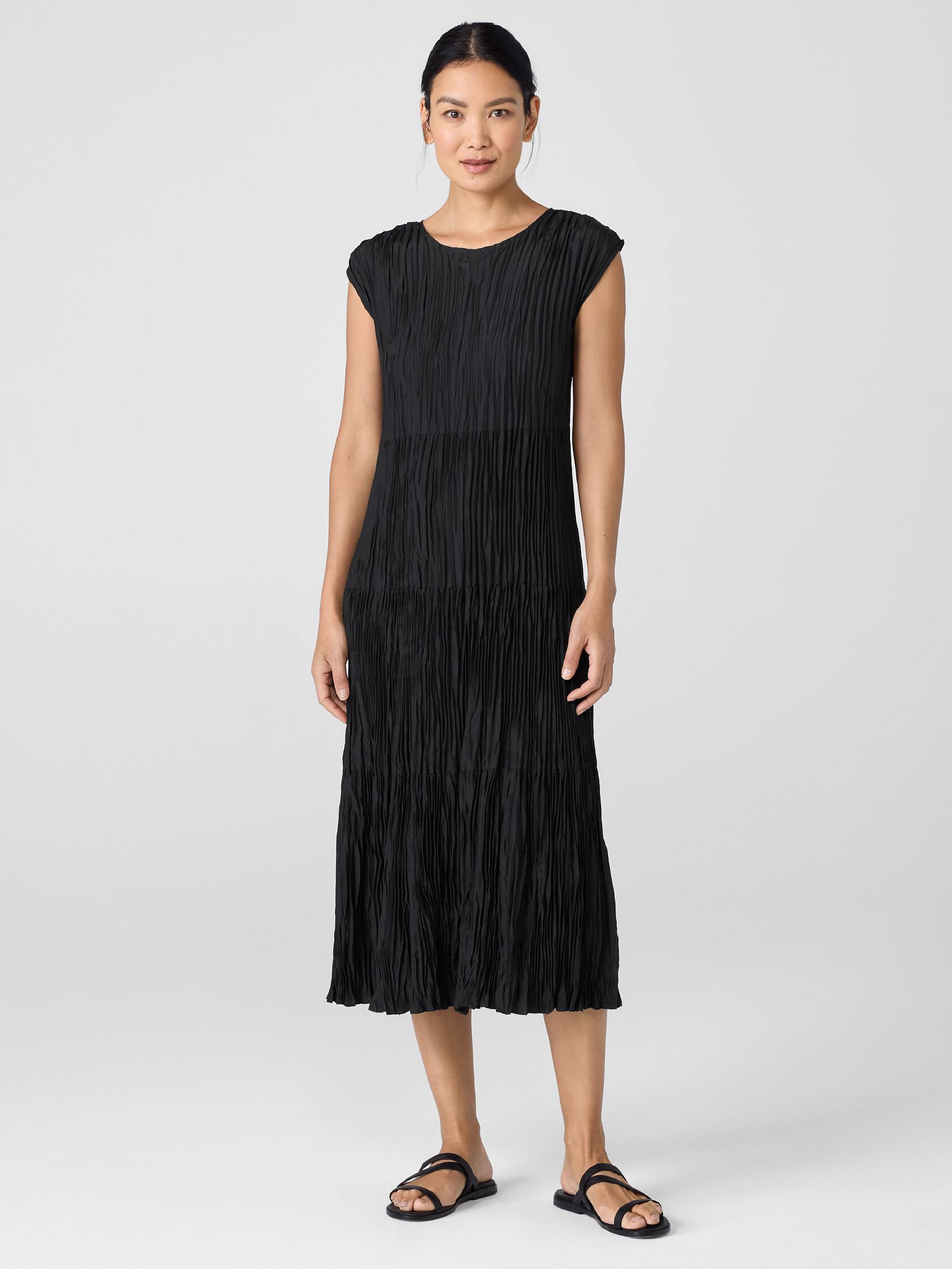 Crushed Silk Jewel Neck Tiered Dress