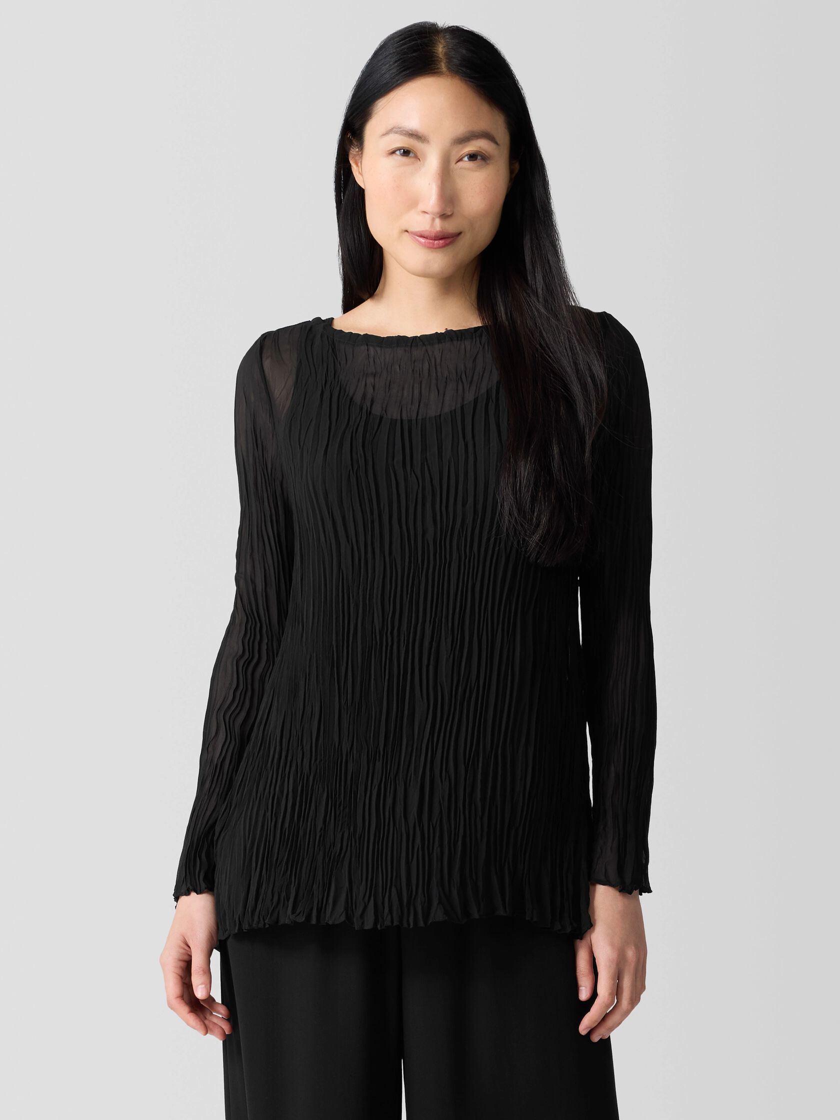 Crinkled Sheer Silk Georgette Bateau Neck Long Top