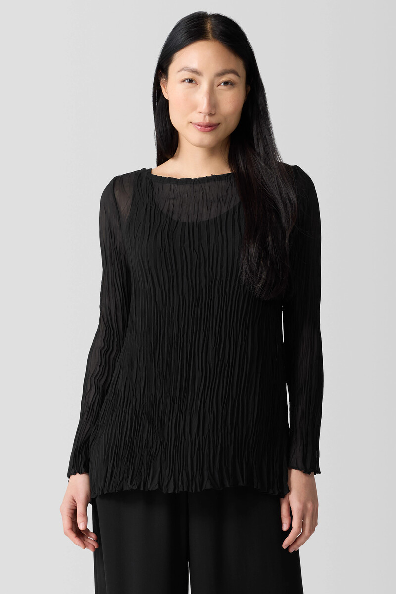 Crinkled Sheer Silk Georgette Bateau Neck Long Top Crinkled Sheer Silk Georgette Bateau Neck Long Top