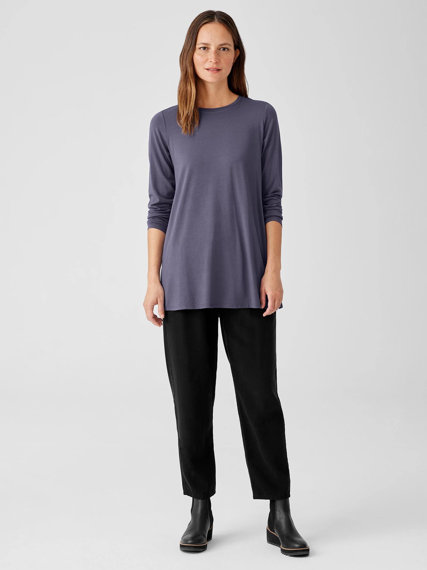 Stretch Jersey Knit Crew Neck Long Top