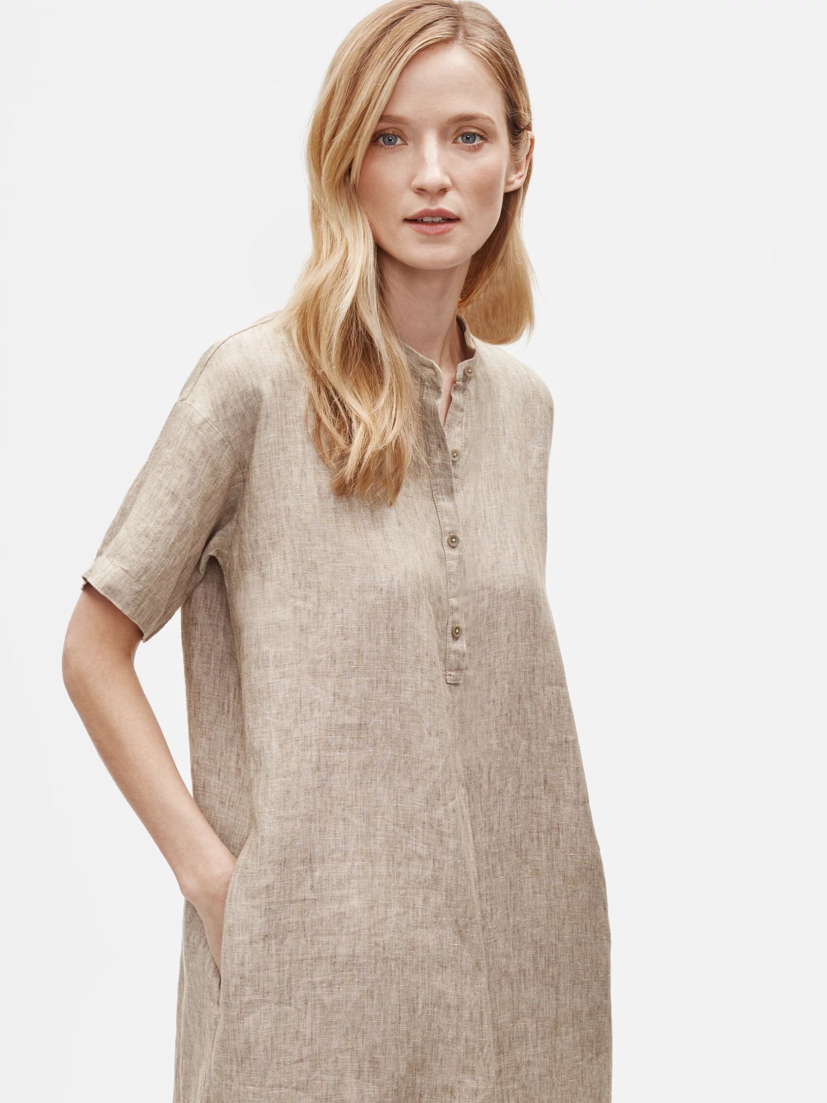 Washed Organic Linen Delave Mandarin Collar Shirtdress