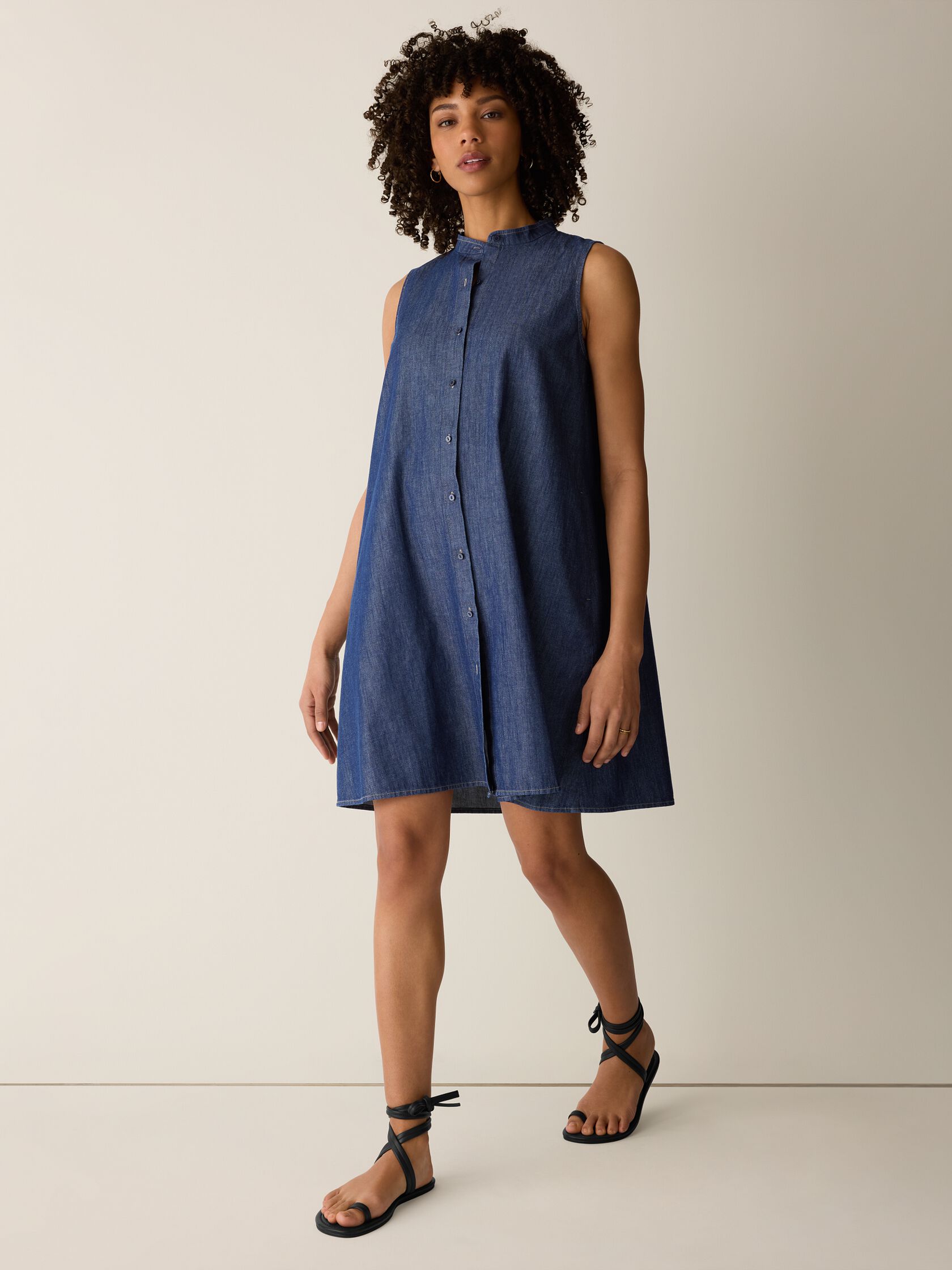 Lightweight Organic Cotton Denim Band Collar Dress