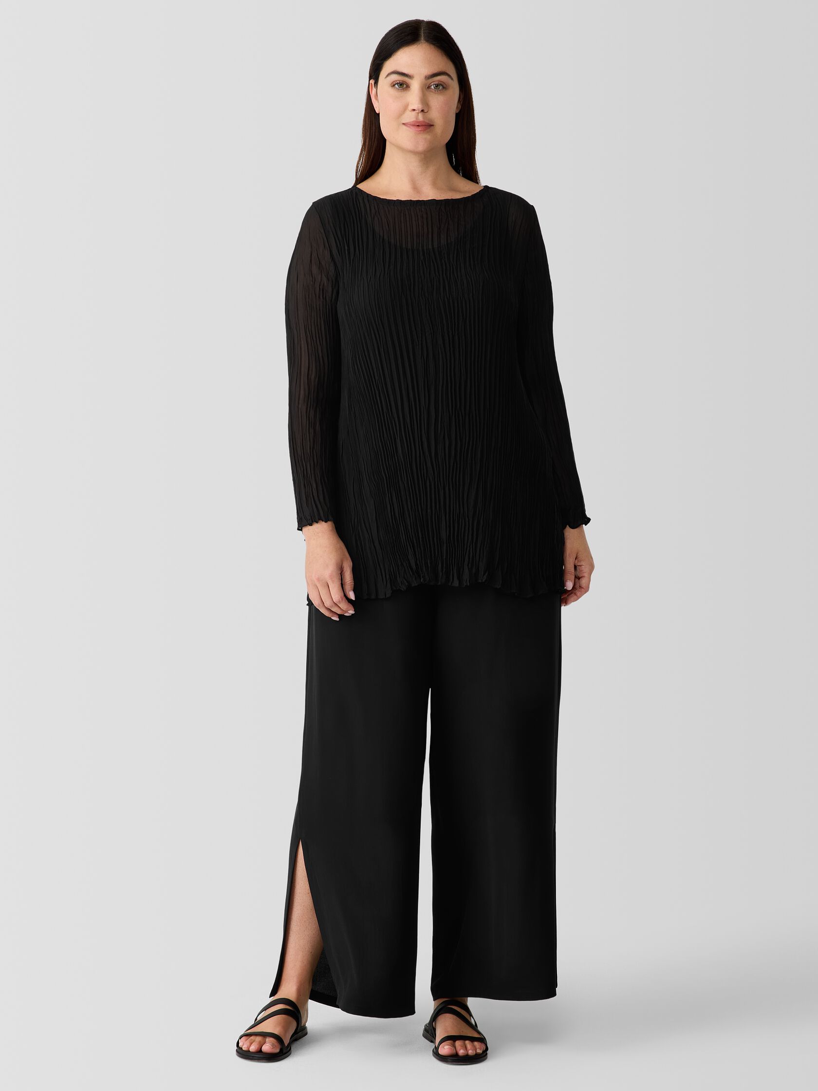 Crinkled Sheer Silk Georgette Bateau Neck Long Top