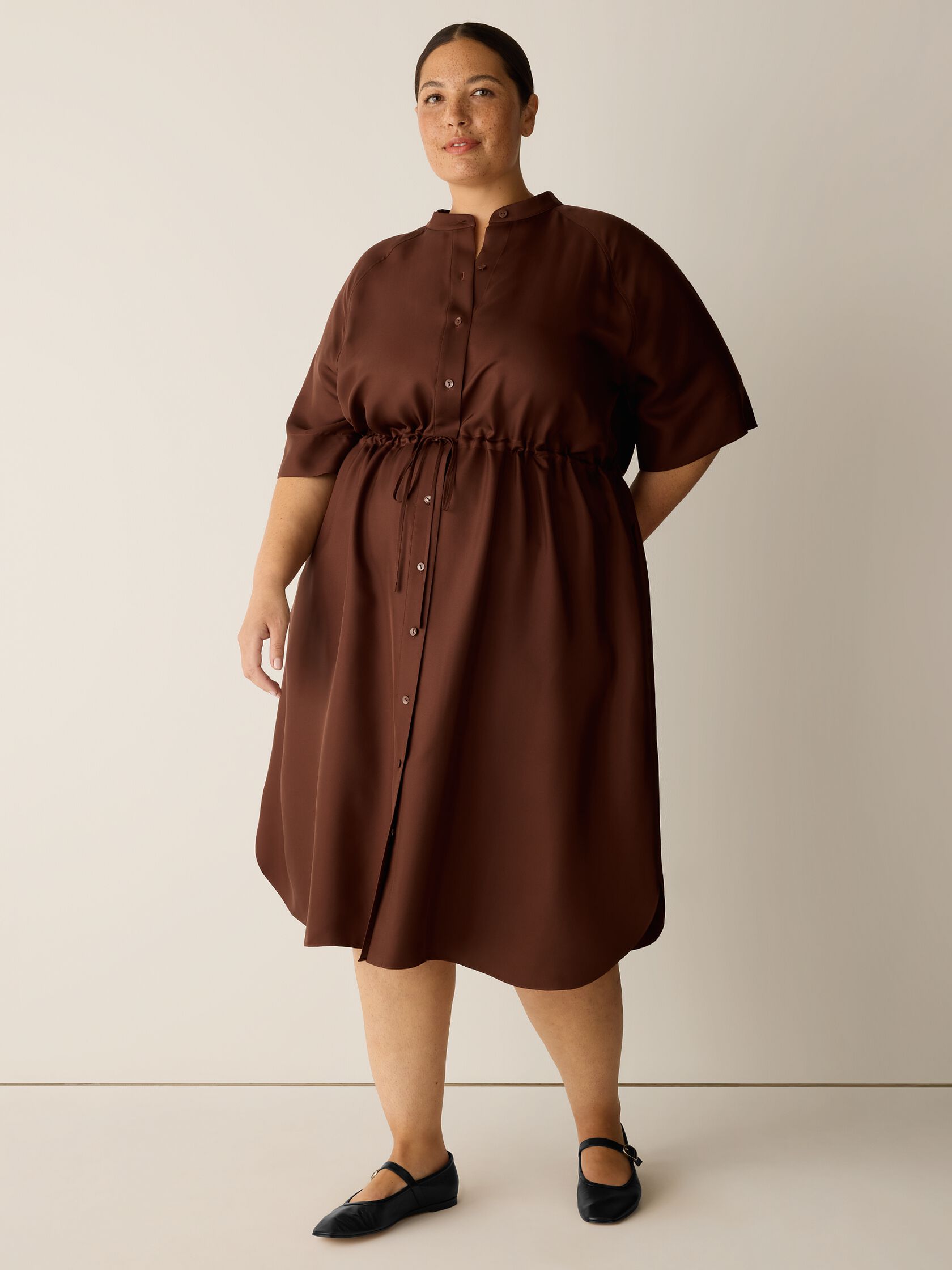 Silk Twill Band Collar Shirtdress