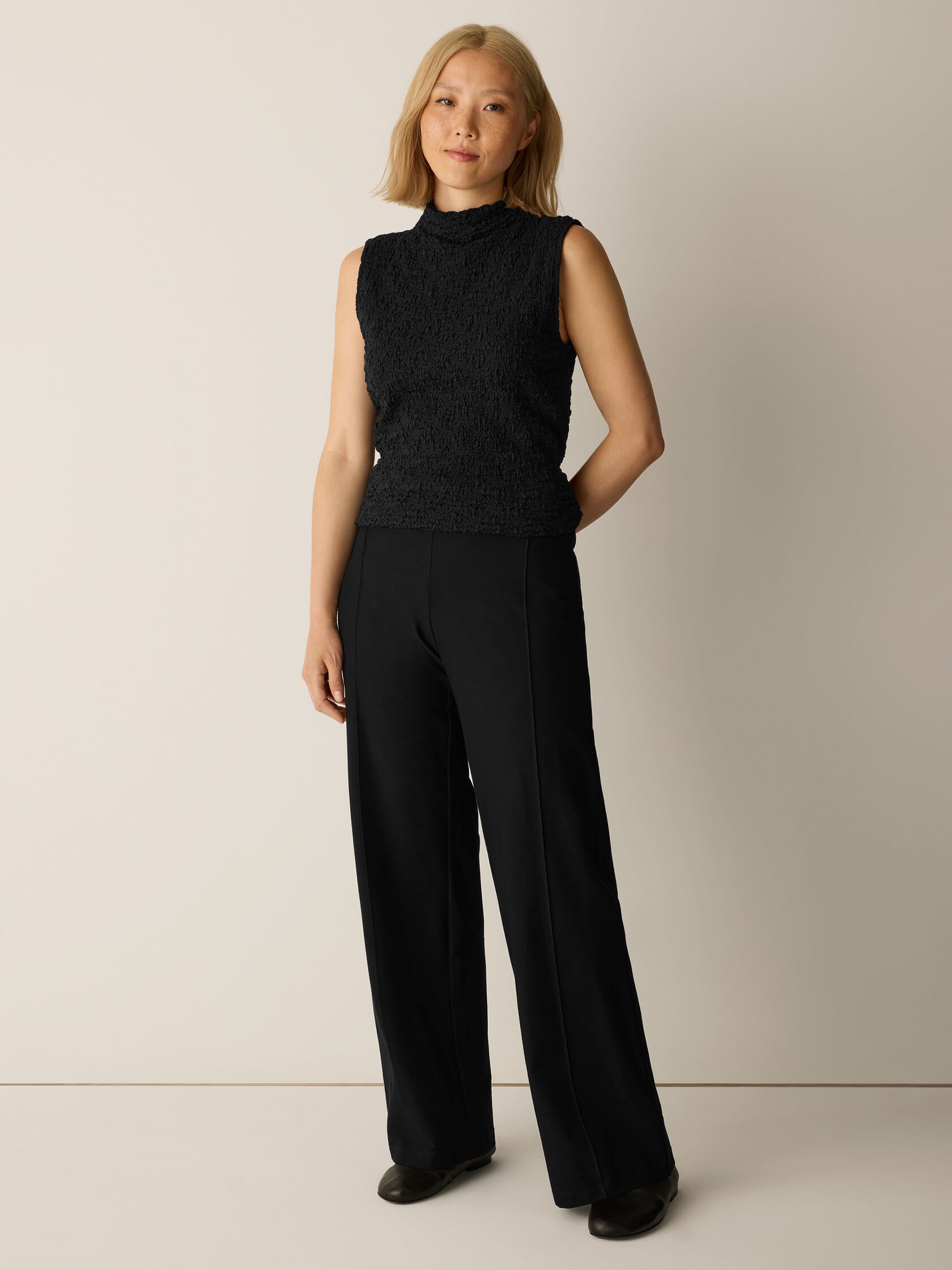 Washable Stretch Crepe Pintuck Wide Pant