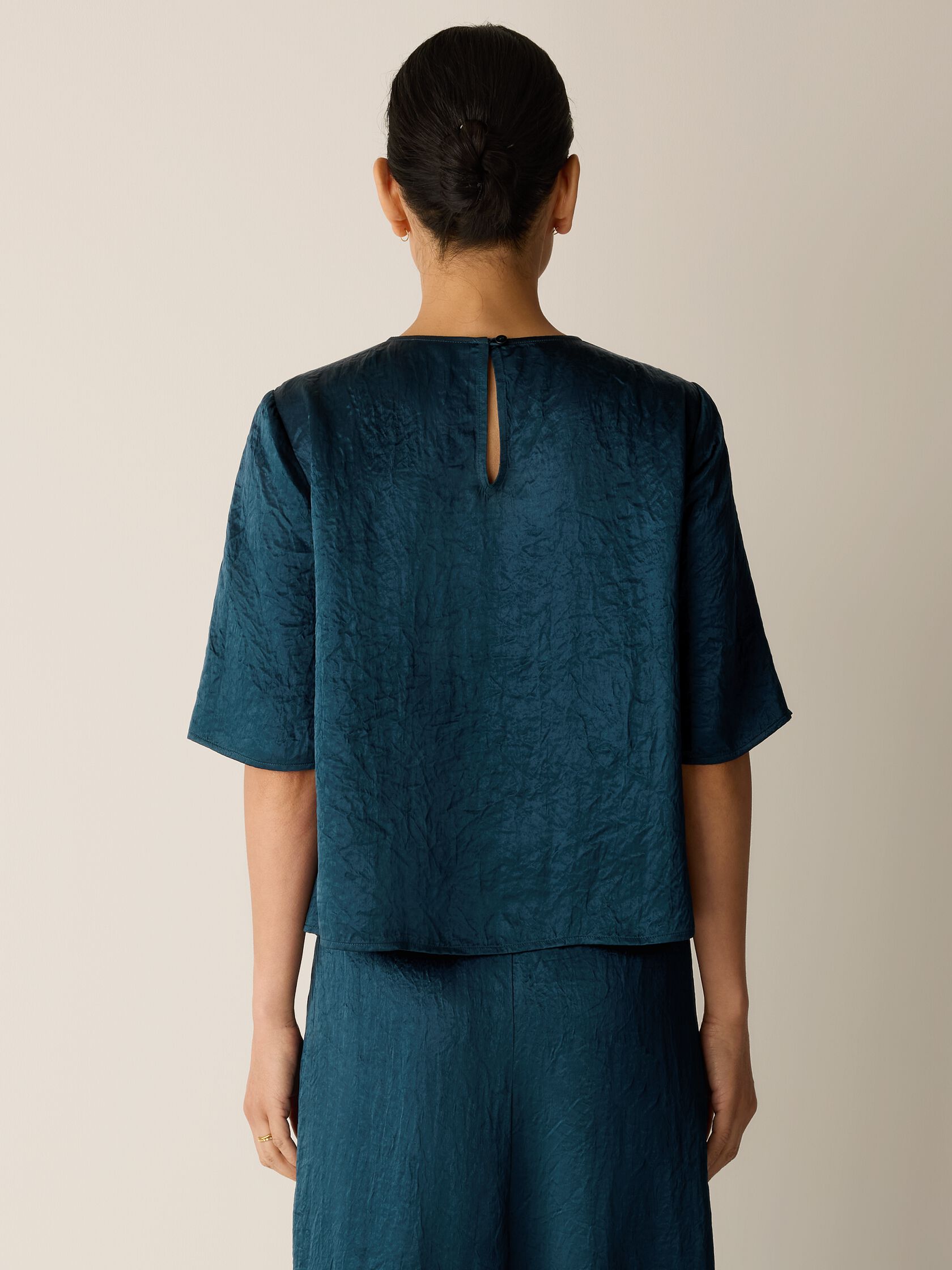 Textured Satin Round Neck Elbow-Sleeve Top