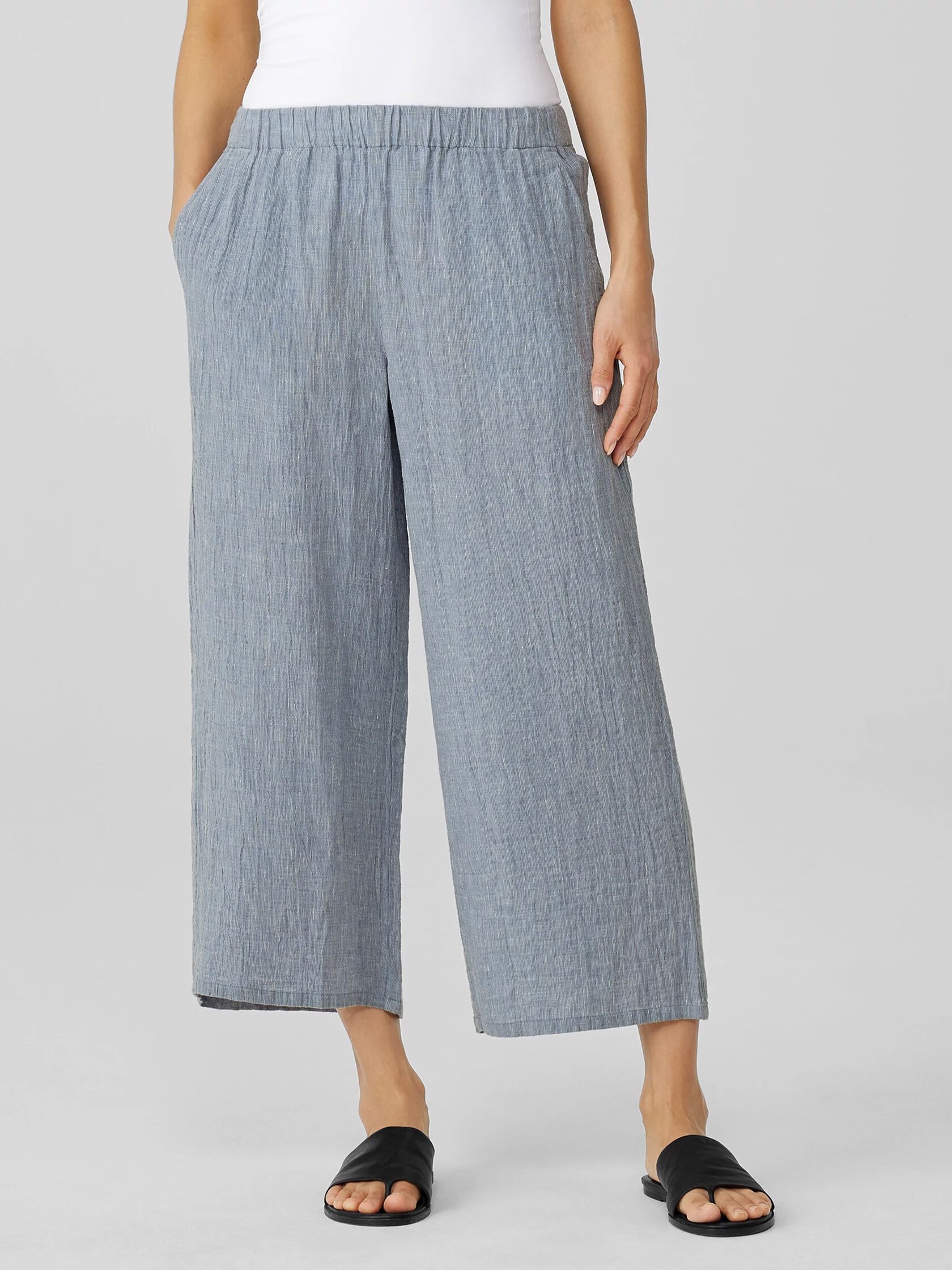 Striped Organic Linen Crinkle Wide-Leg Pant