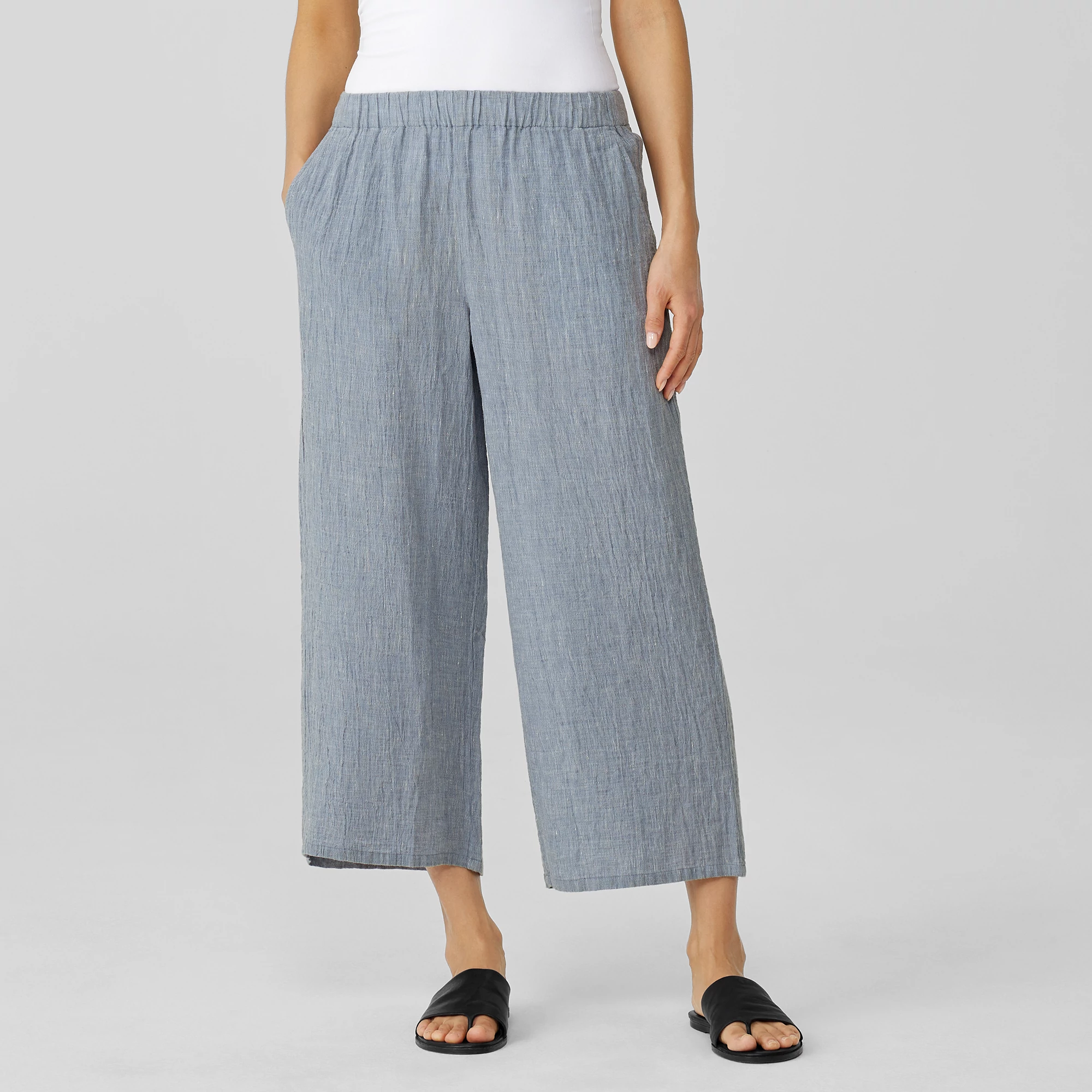 Striped Organic Linen Crinkle Wide-Leg 