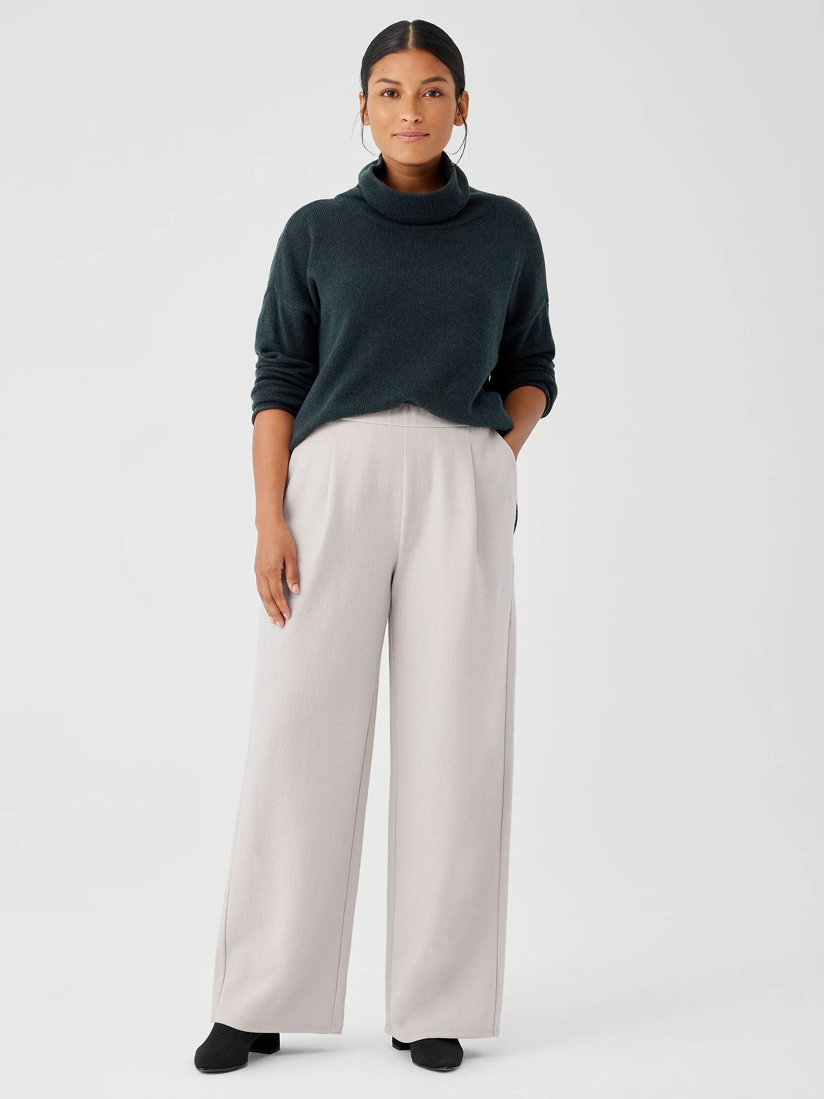 Boiled Wool Jersey Pleated Wide-Leg Pant