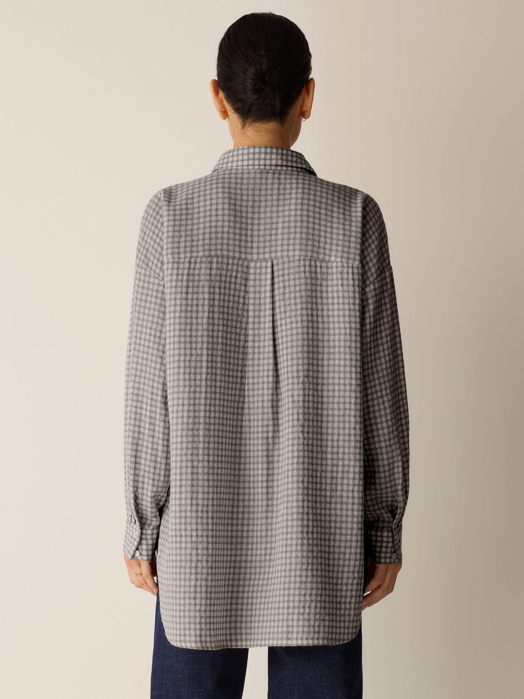 Wool Cotton Check Classic Collar Long Shirt