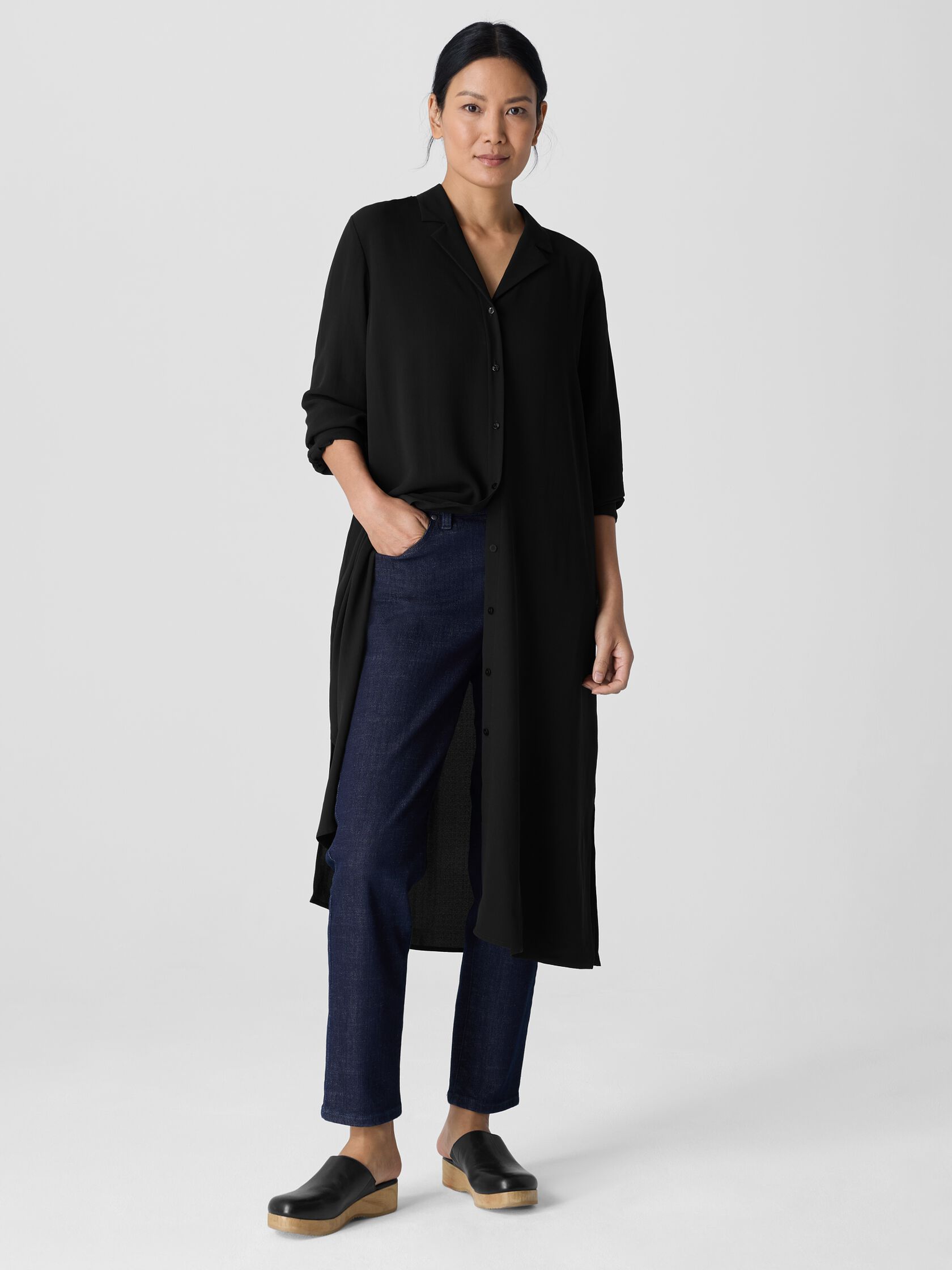 Silk Georgette Crepe Notch Collar Shirtdress