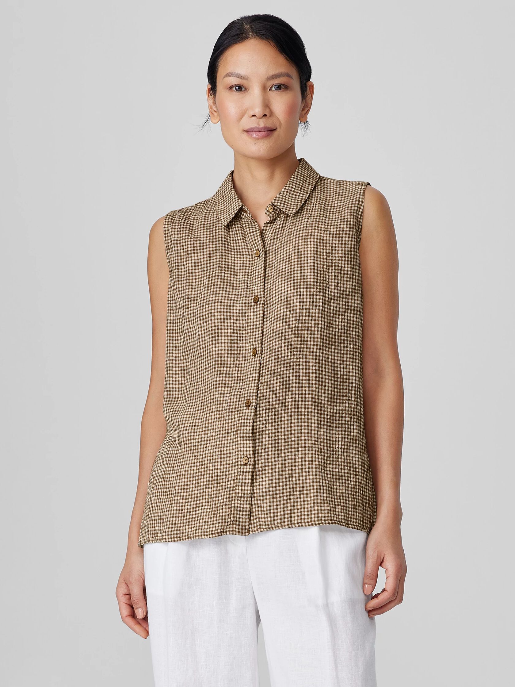Puckered Organic Linen Sleeveless Shirt