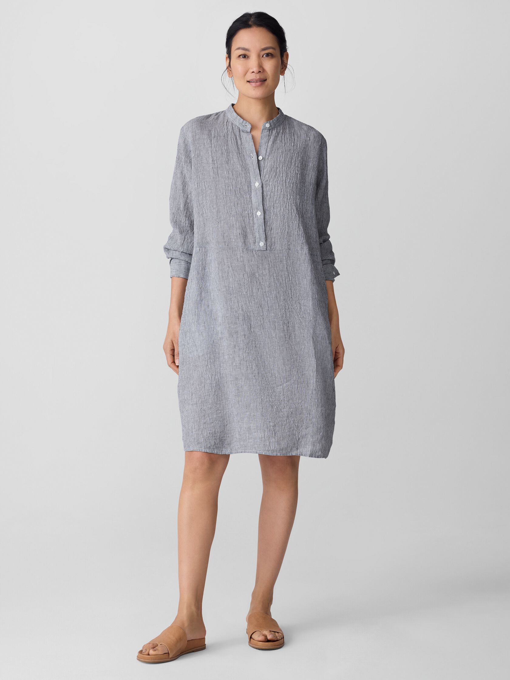 Puckered Organic Linen Stripe Band Collar Shirtdress