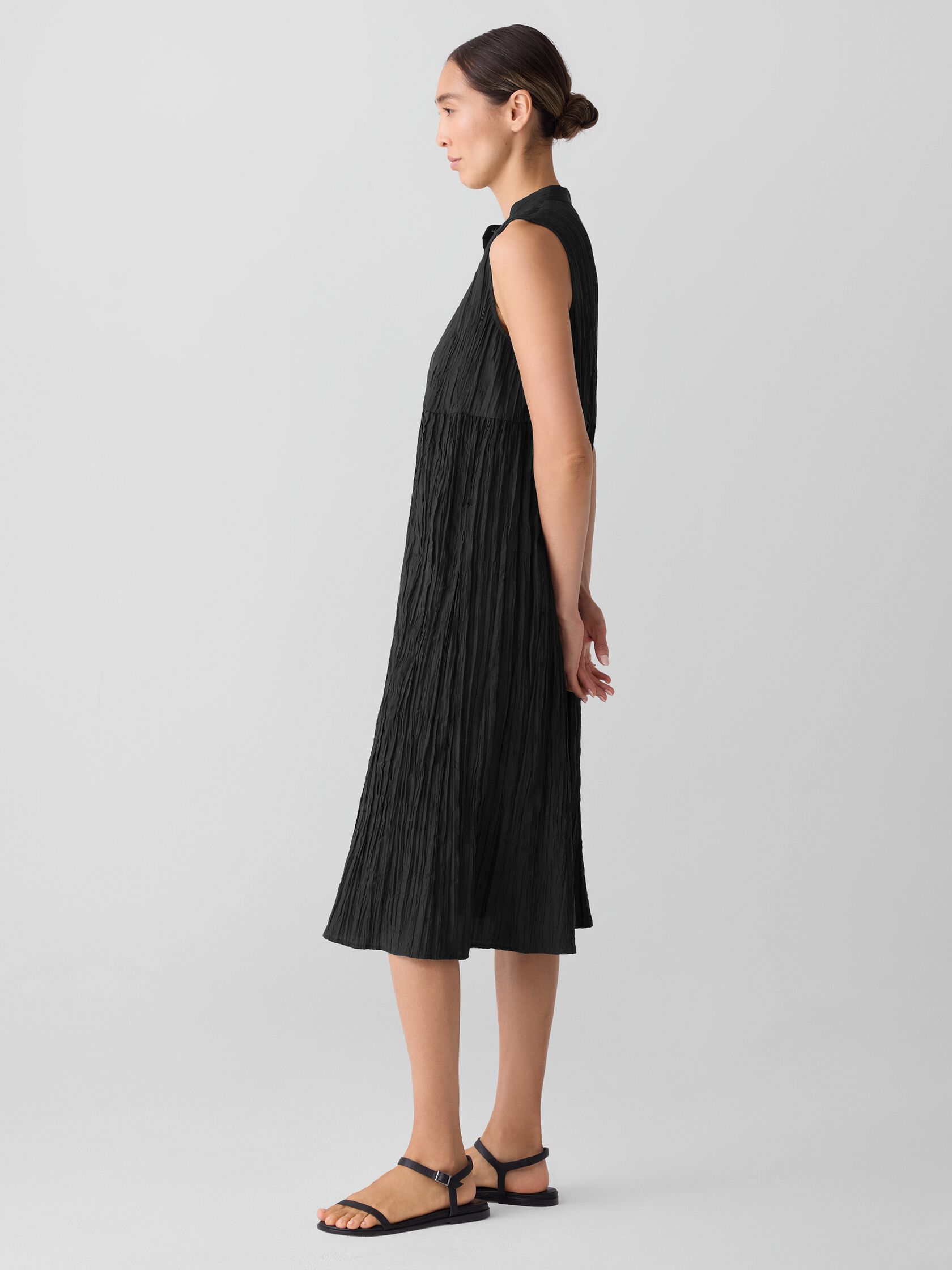 Crinkle Silk Habutai Band Collar Dress