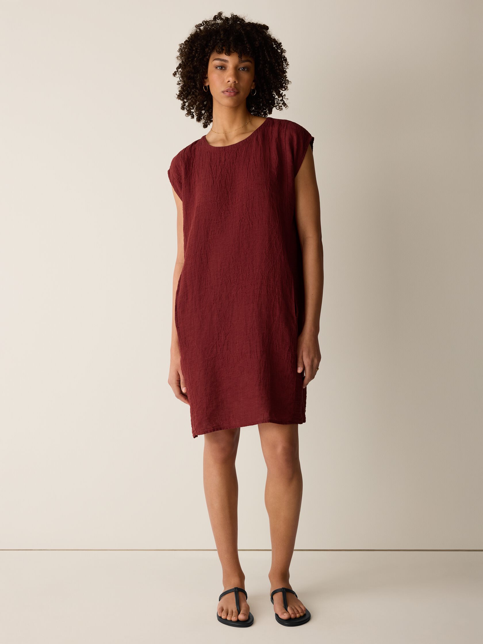 Puckered Organic Linen Stripe Jewel Neck Dress