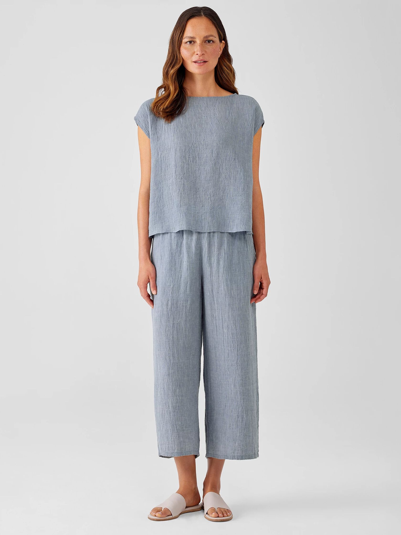 Striped Organic Linen Crinkle Shirred-Back Top