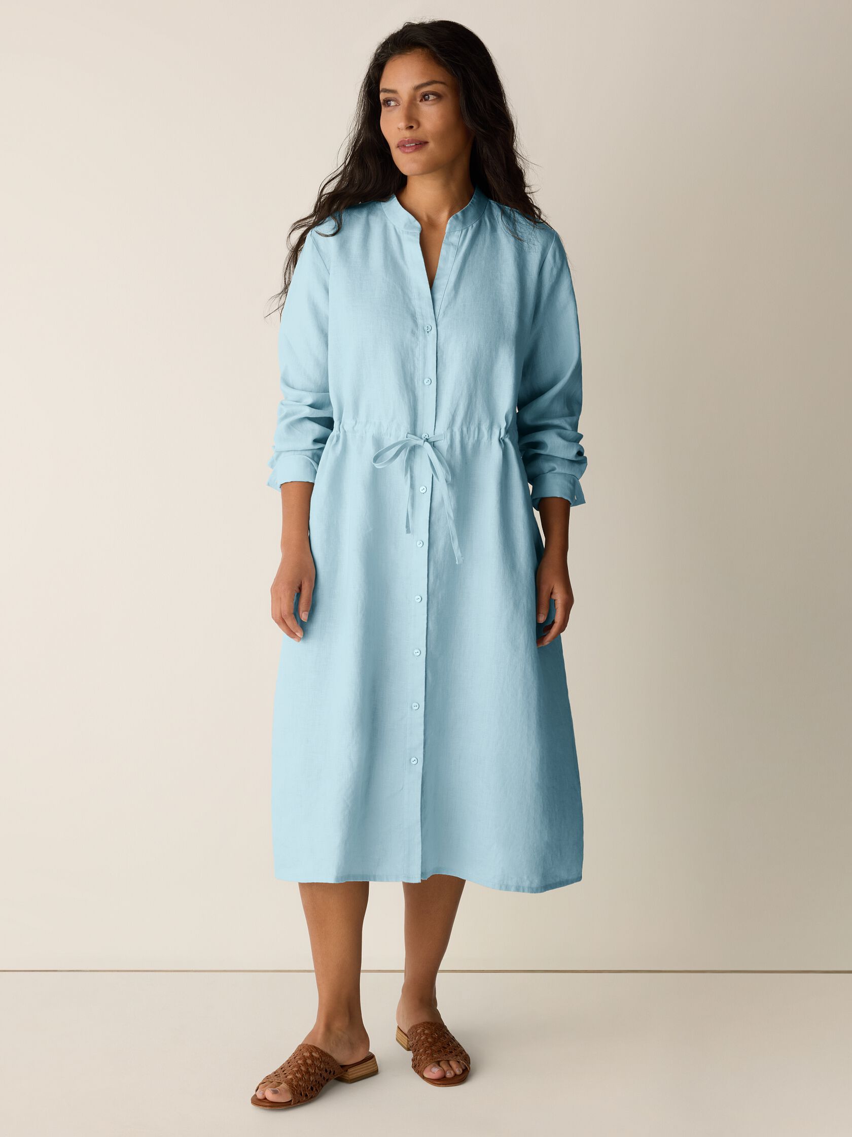 Organic Linen Band Collar Shirtdress