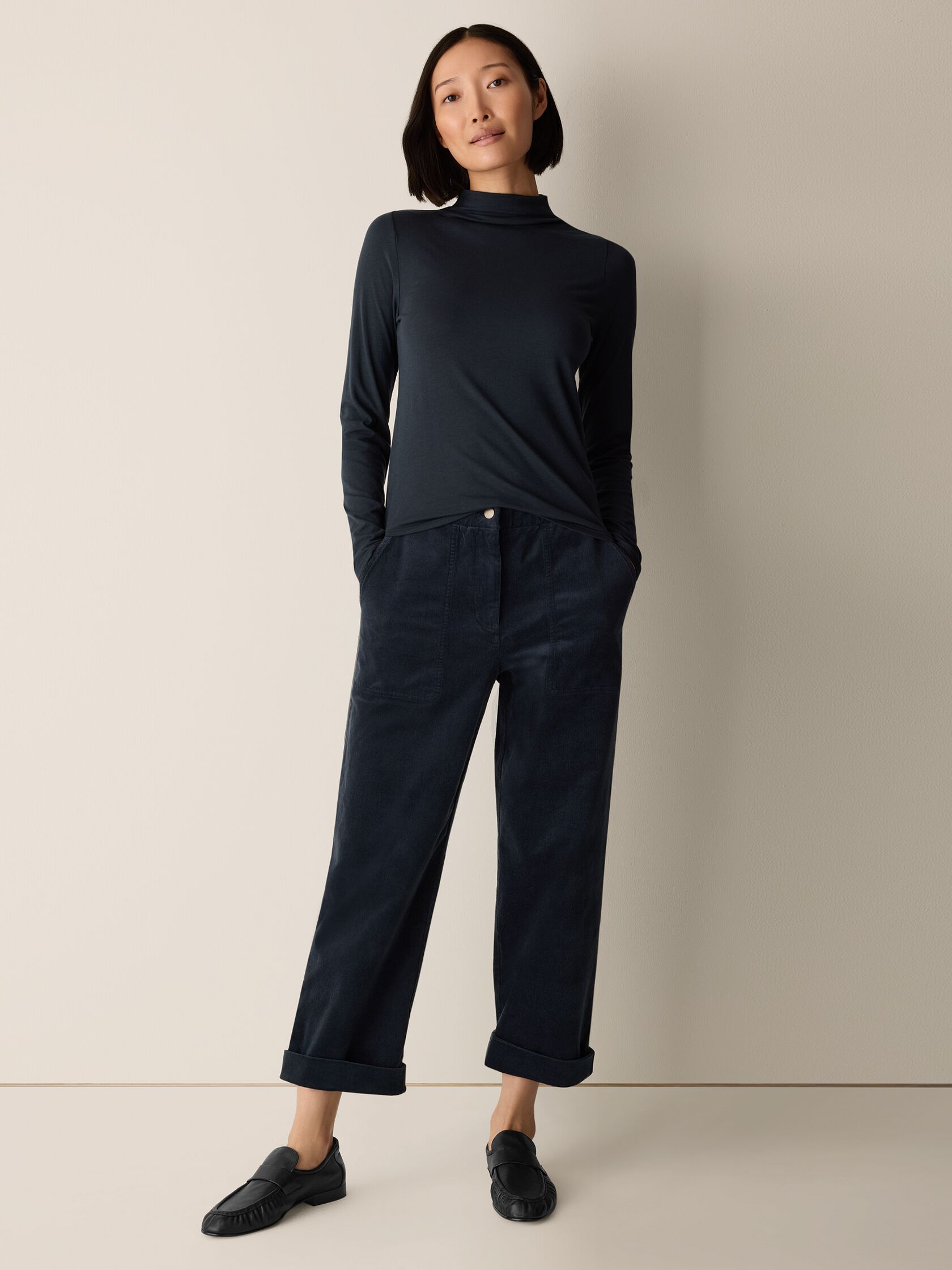 Sheer Cotton Blend Knit Funnel Neck Top