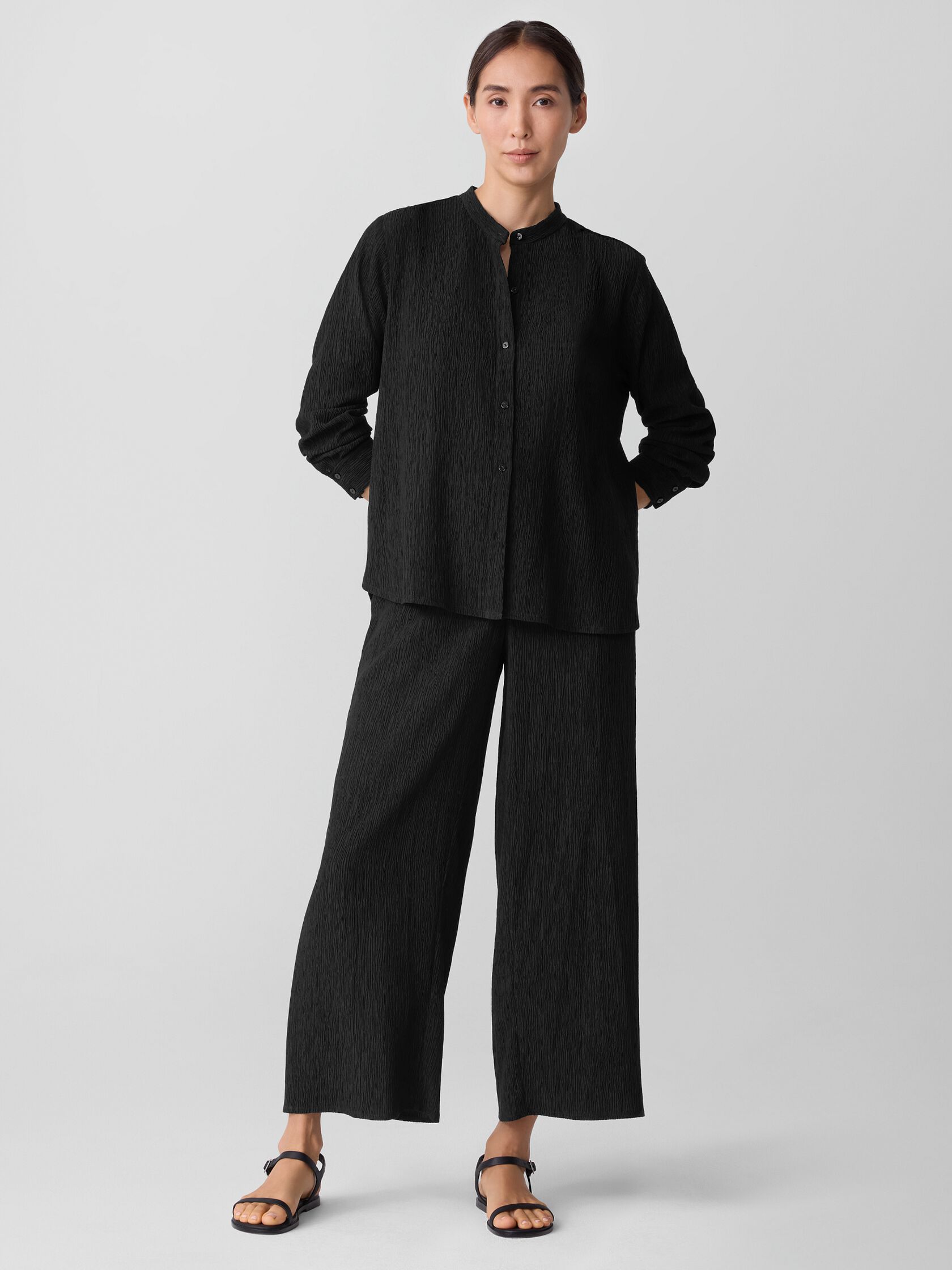 Woven Plissé Band Collar Shirt