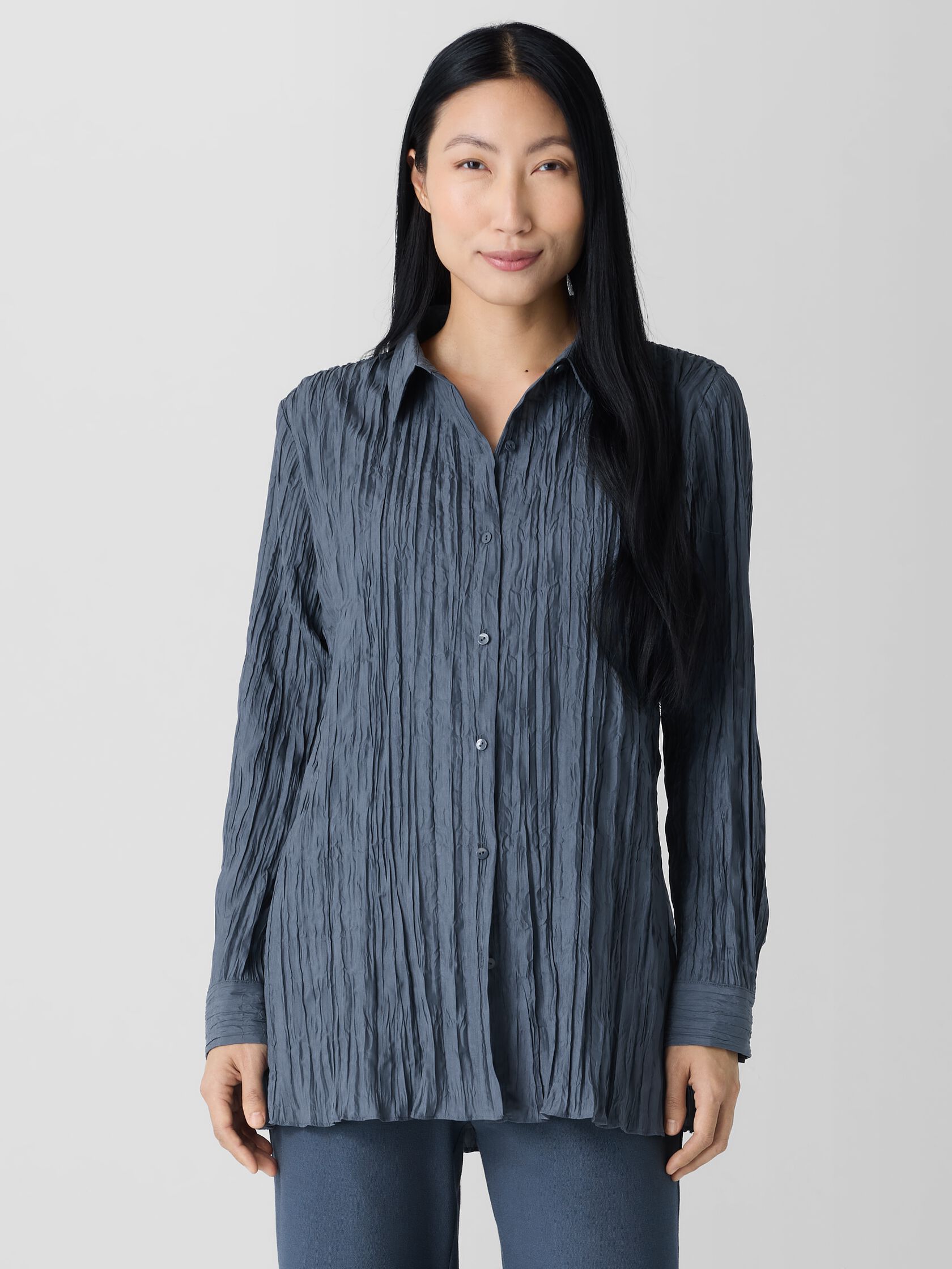 Crinkle Silk Habutai Classic Collar Shirt