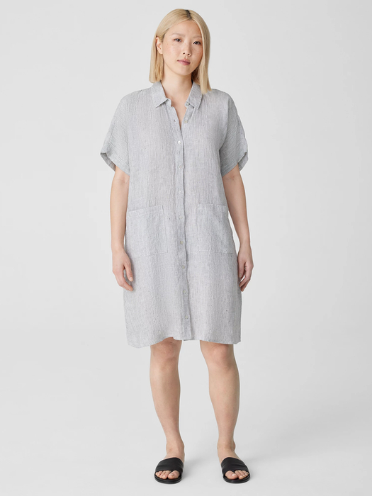 Crinkled Organic Linen Stripe Shirtdress