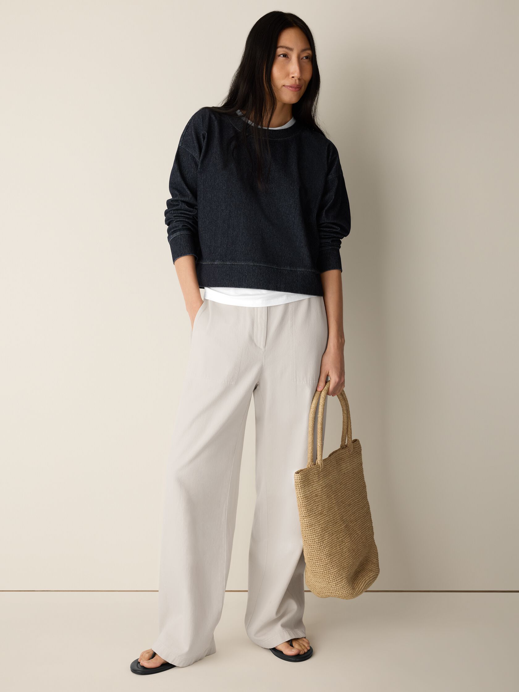 Cotton Indigo Knit Denim Crew Neck Top