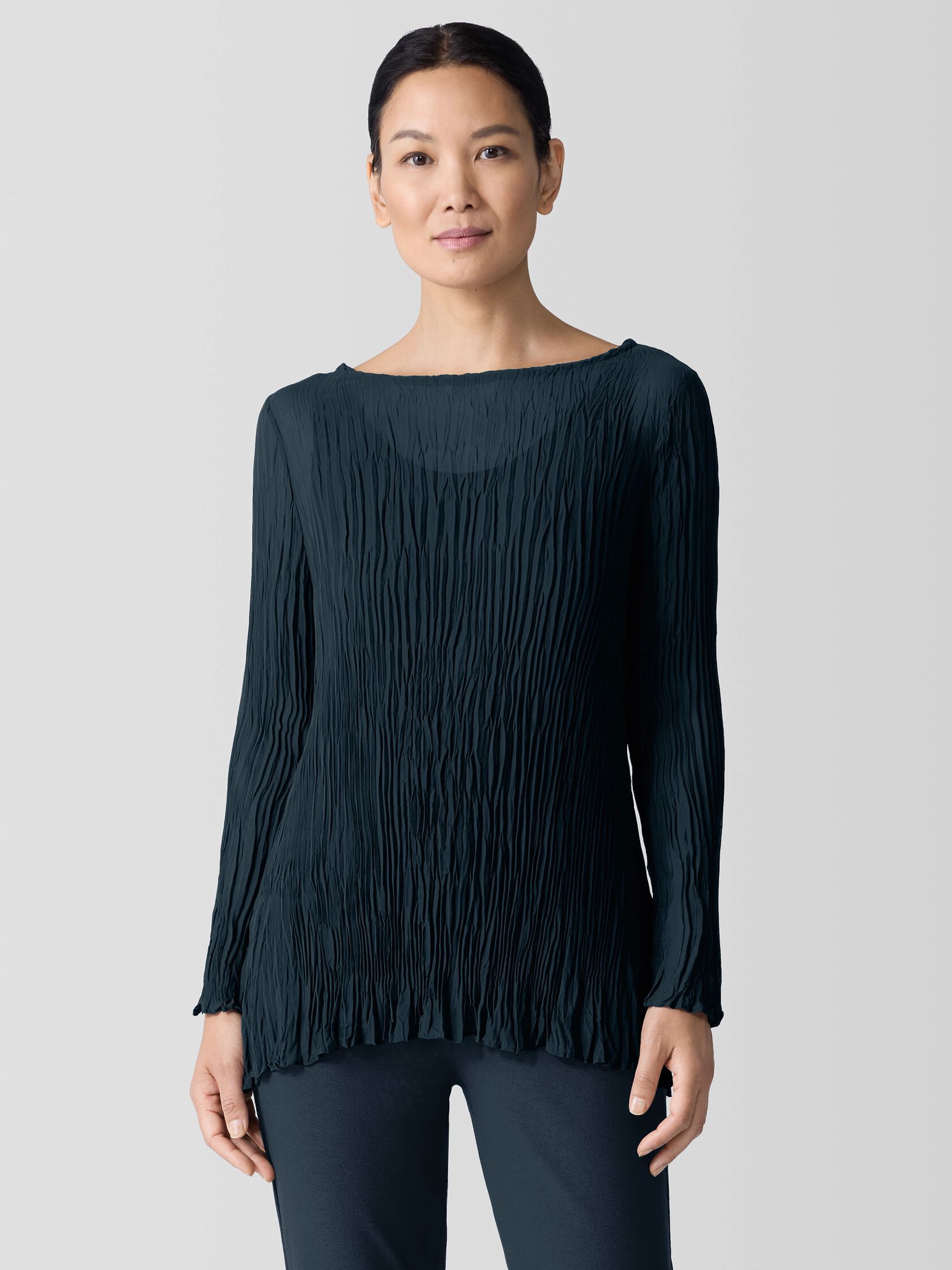 Crinkled Sheer Silk Georgette Bateau Neck Long Top