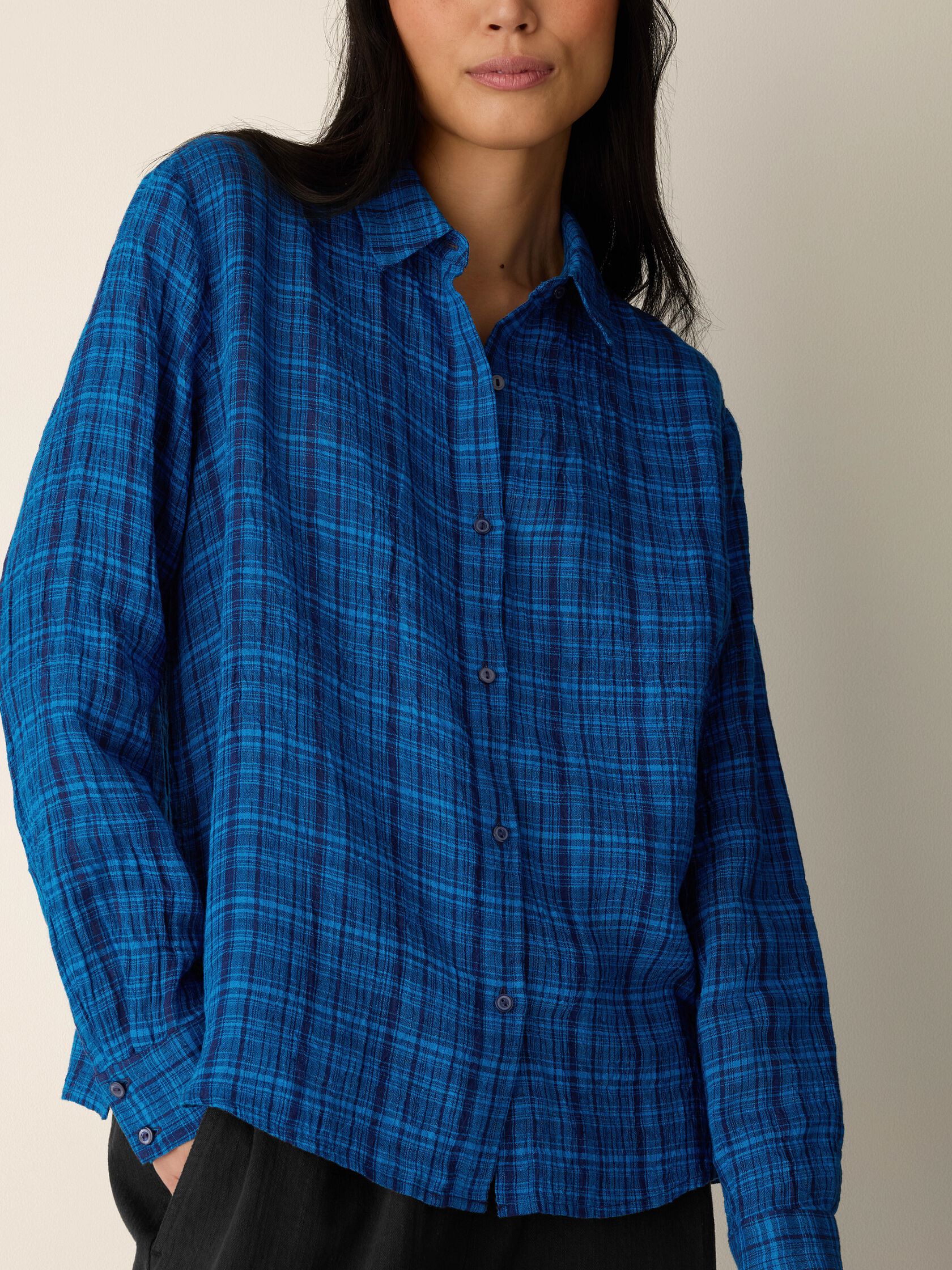 Puckered Organic Linen Plaid Classic Collar Shirt
