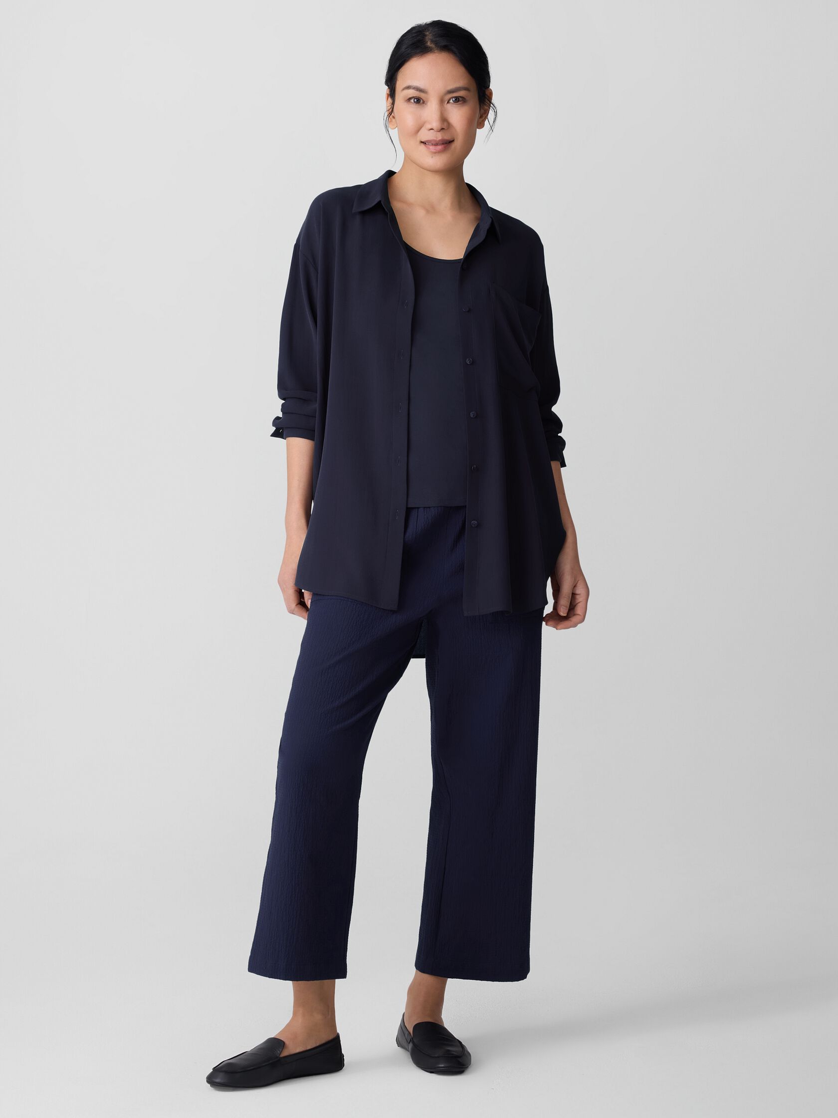 Silk Georgette Crepe Classic Collar Long Shirt