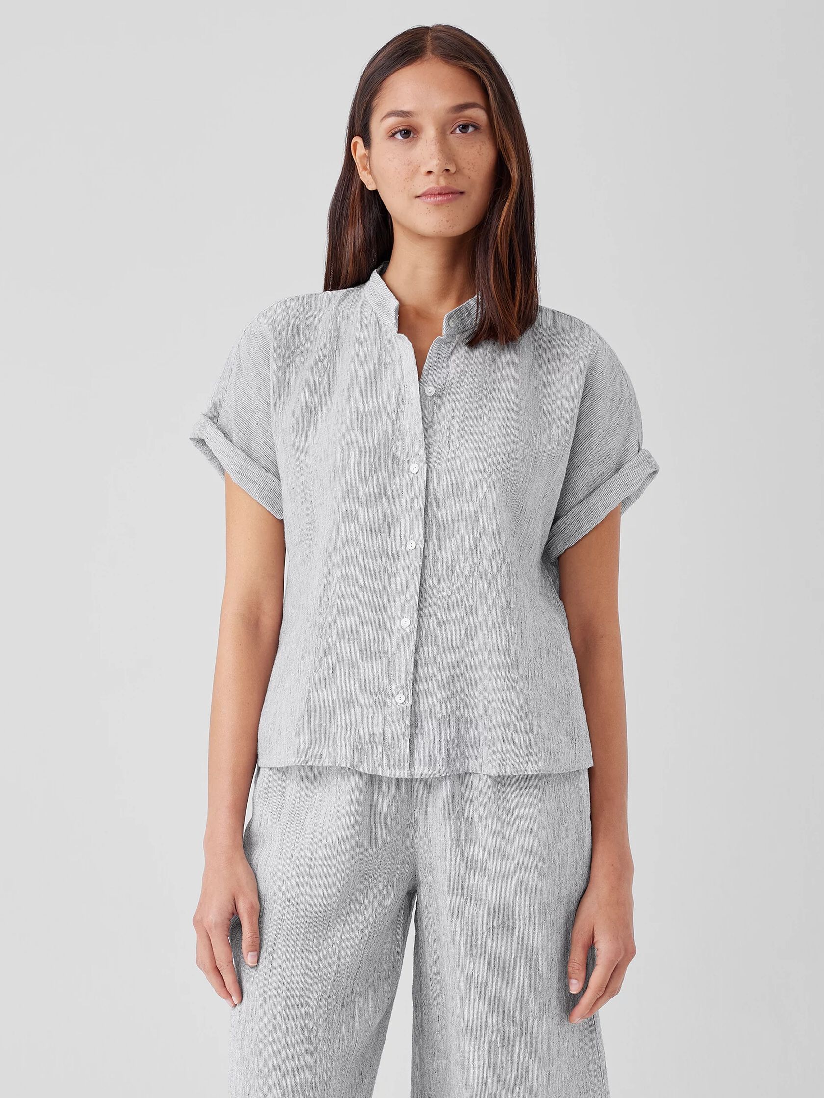 Crinkled Organic Linen Stripe Short-Sleeve Shirt