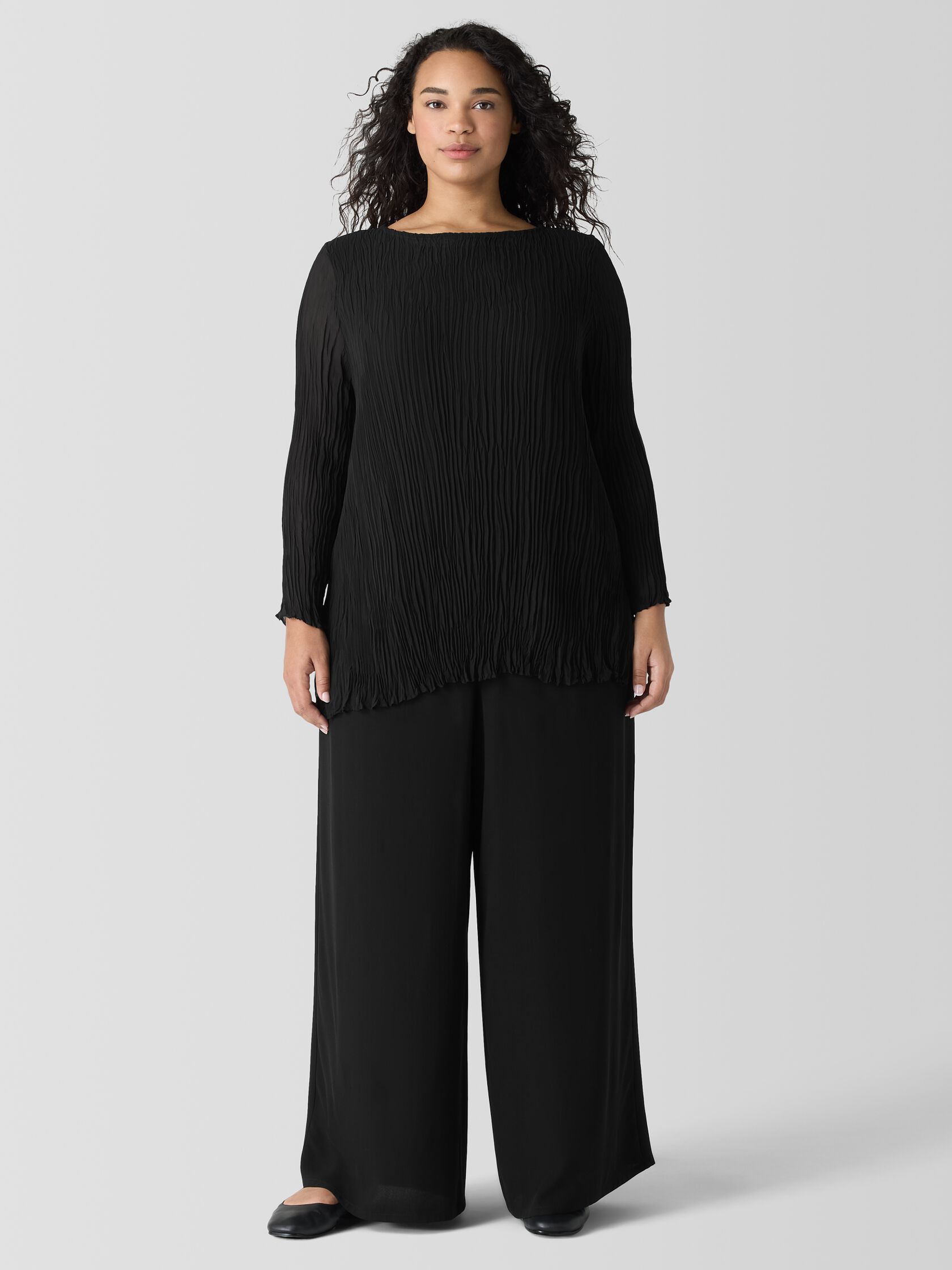 Crinkled Sheer Silk Georgette Bateau Neck Long Top