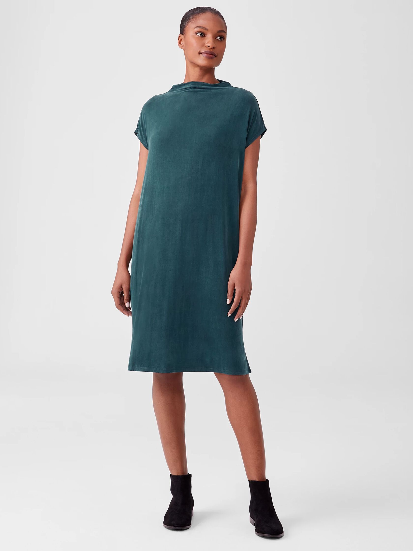Sueded Cupro Knit Funnel Neck Dress