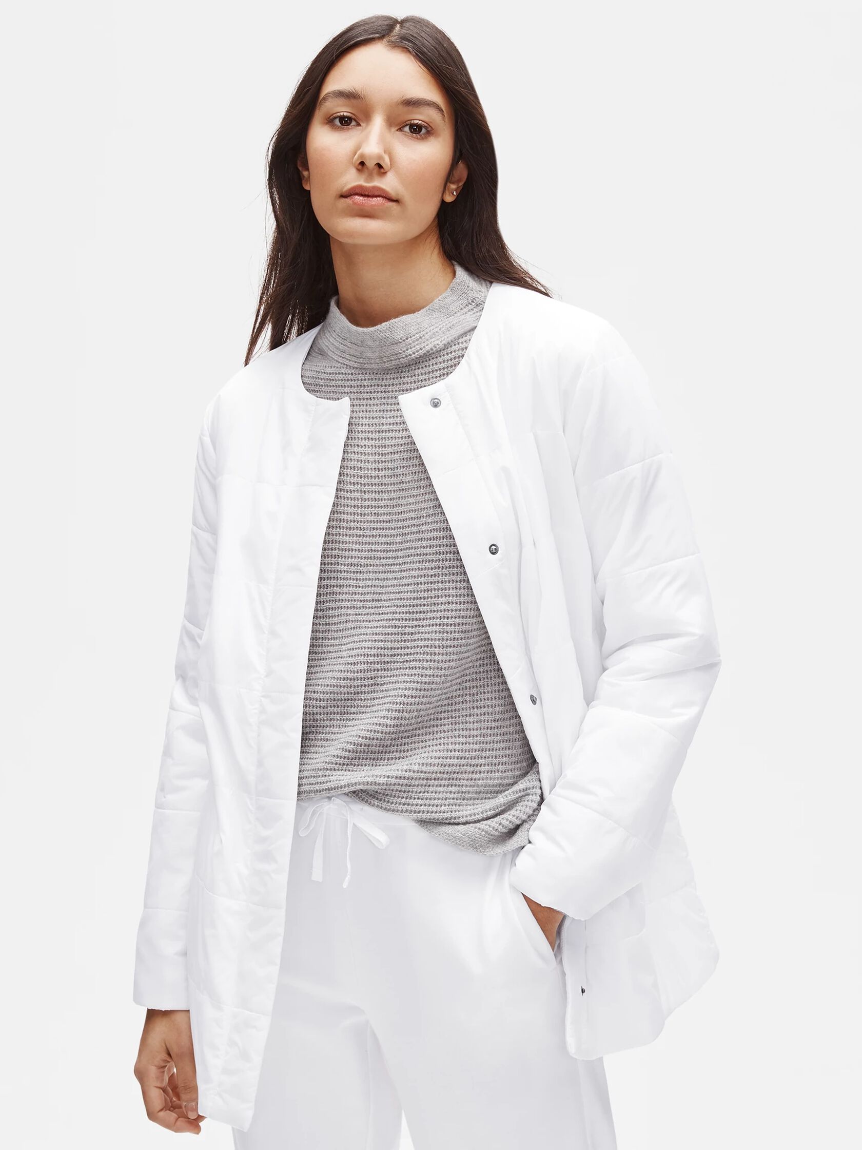 Eggshell Recycled Nylon Round Neck Coat