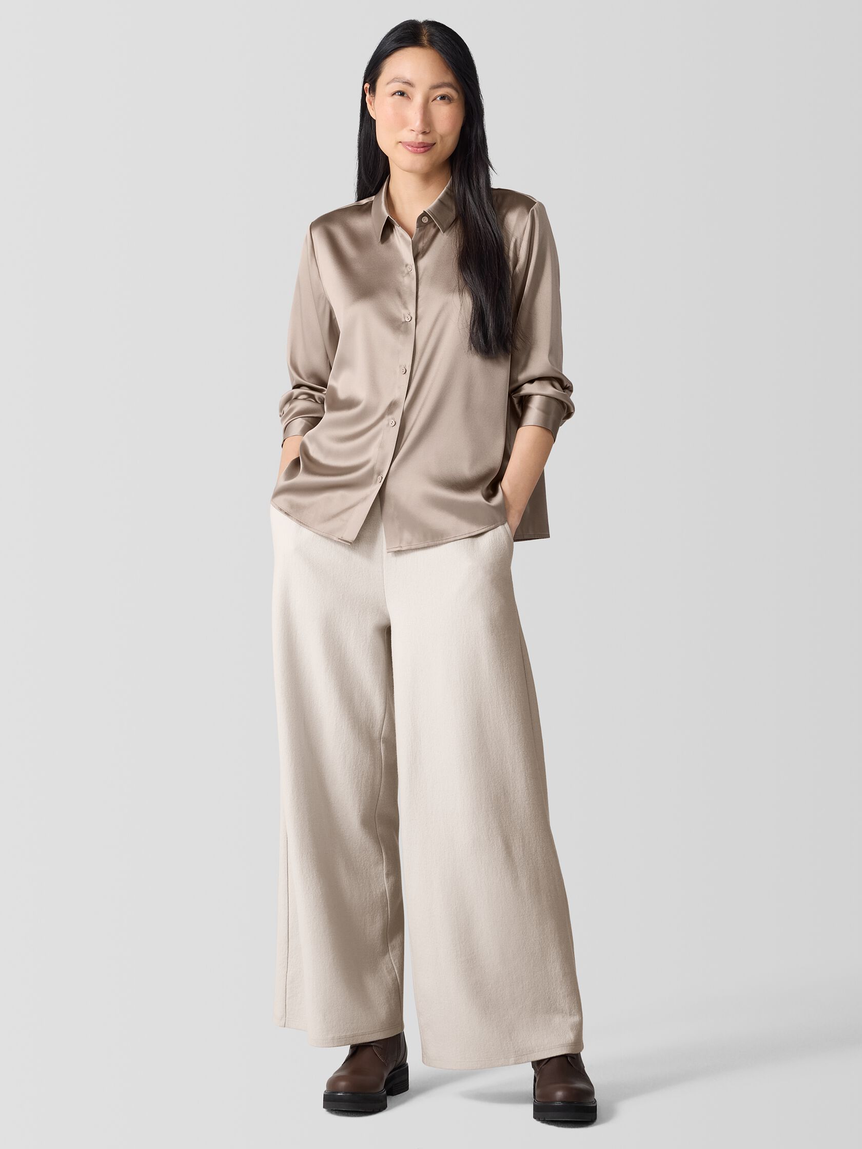 Stretch Silk Charmeuse Classic Collar Shirt