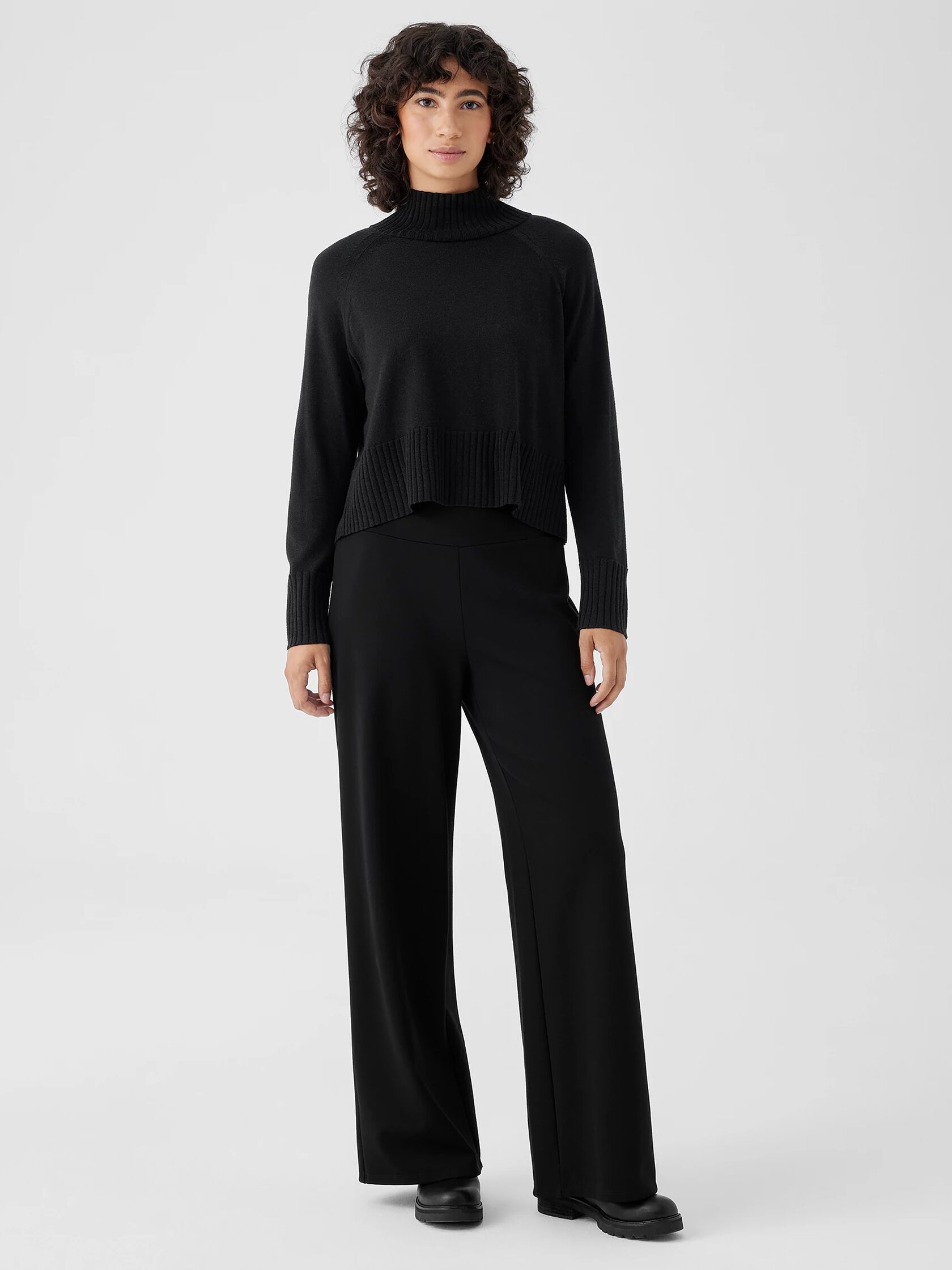 Washable Merino Wool Black Pants -- Wide Leg