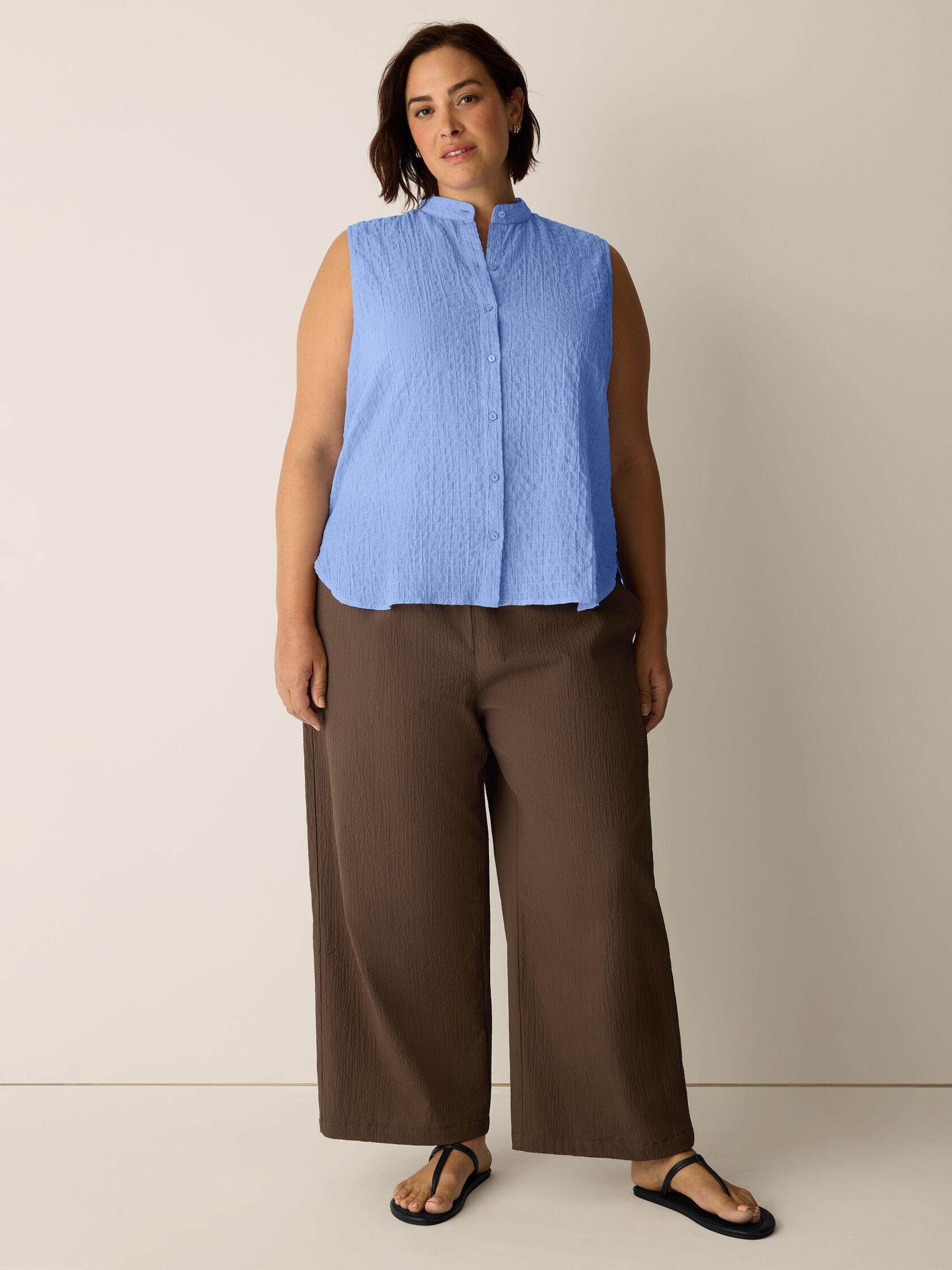 Organic Cotton Microstripe Pucker Sleeveless Shirt