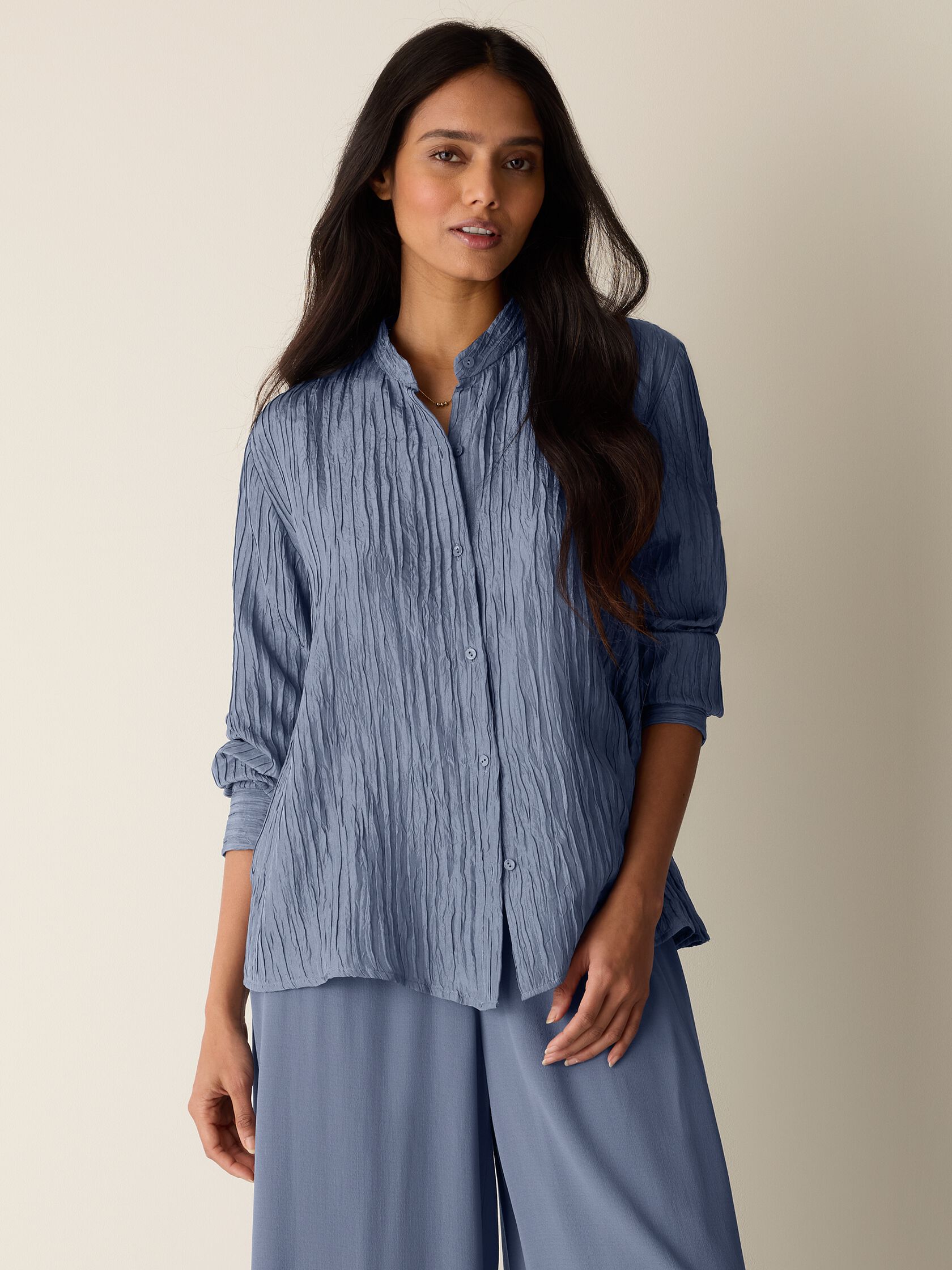 Textured Silk Jacquard Band Collar Shirt